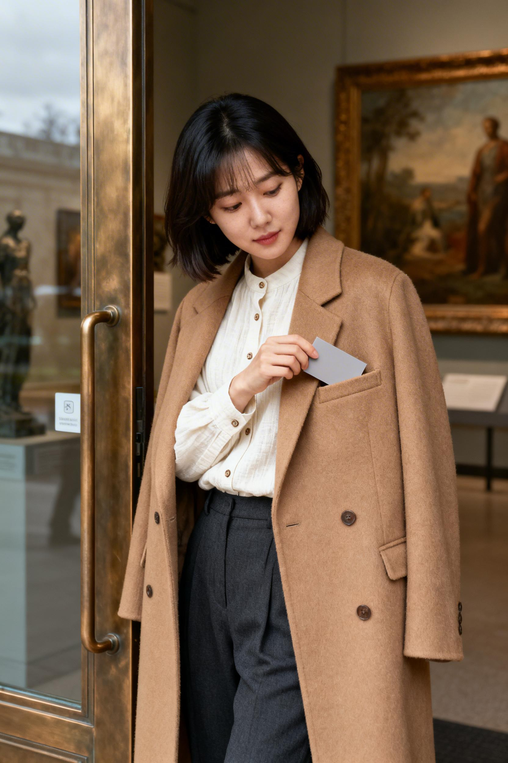 Quiet Luxury Outfits Women - cream linen shirt camel coat charcoal trousers