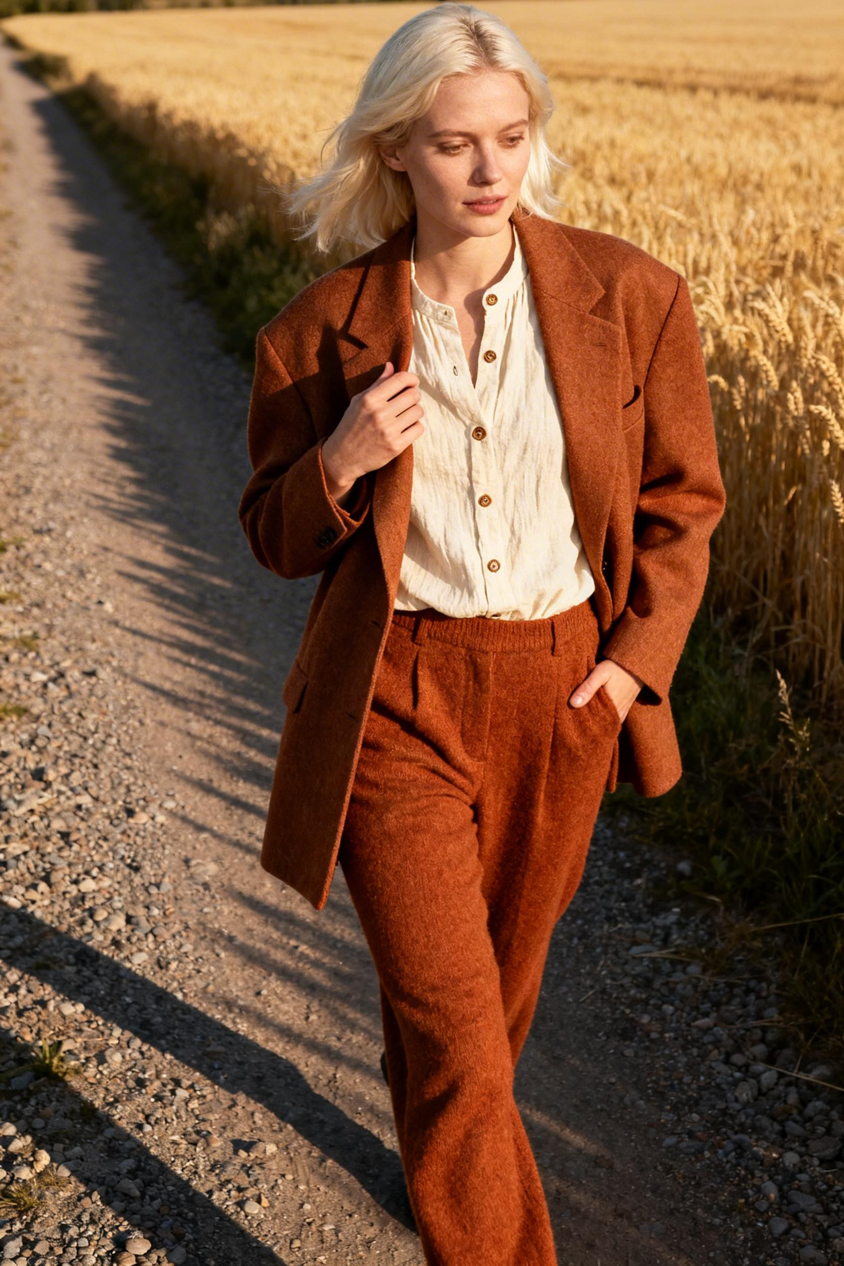 Casual Capsule Wardrobe - caramel wool trousers cream linen shirt oversized blazer