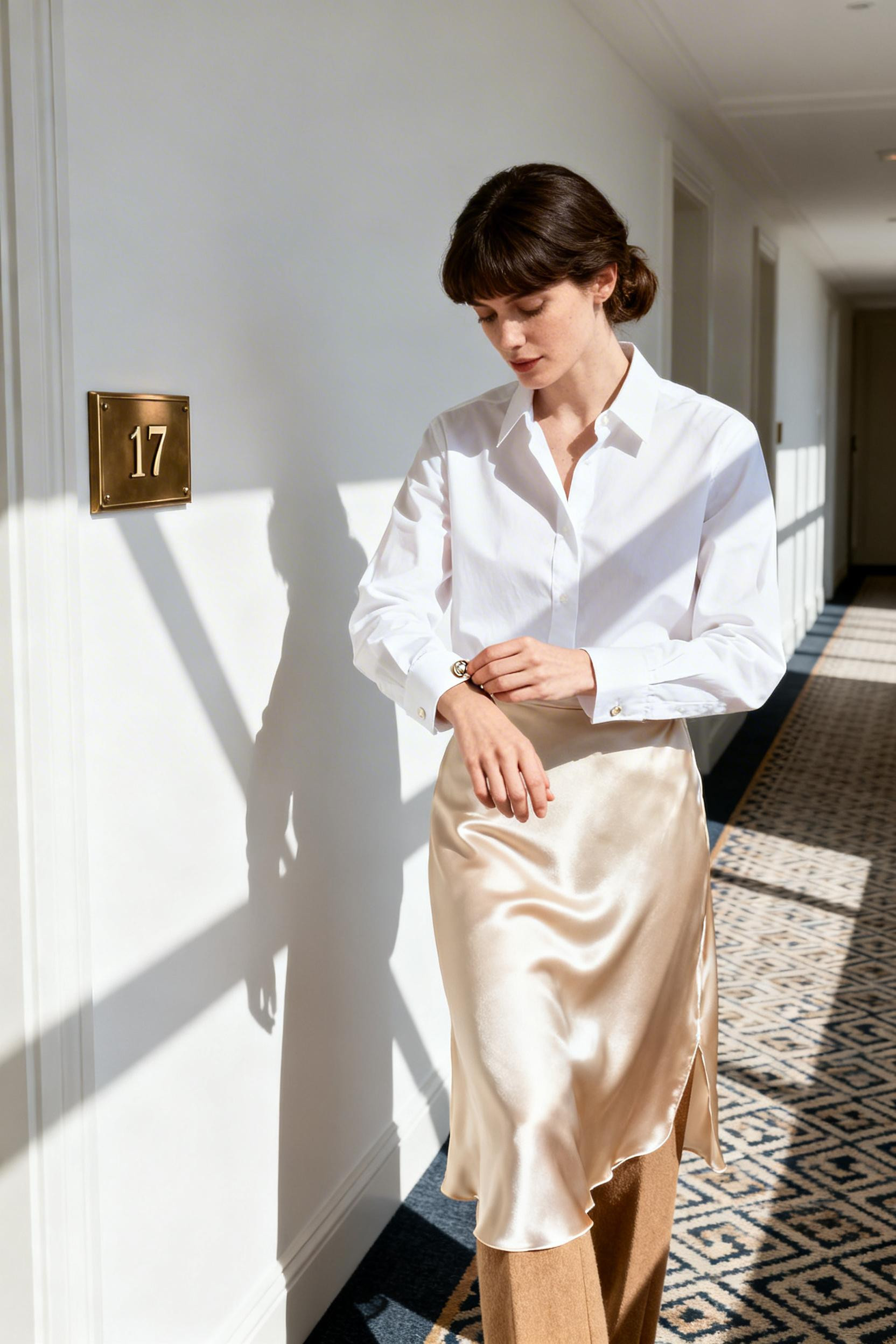 Timeless Capsule Wardrobe - white oxford champagne slip skirt camel trousers