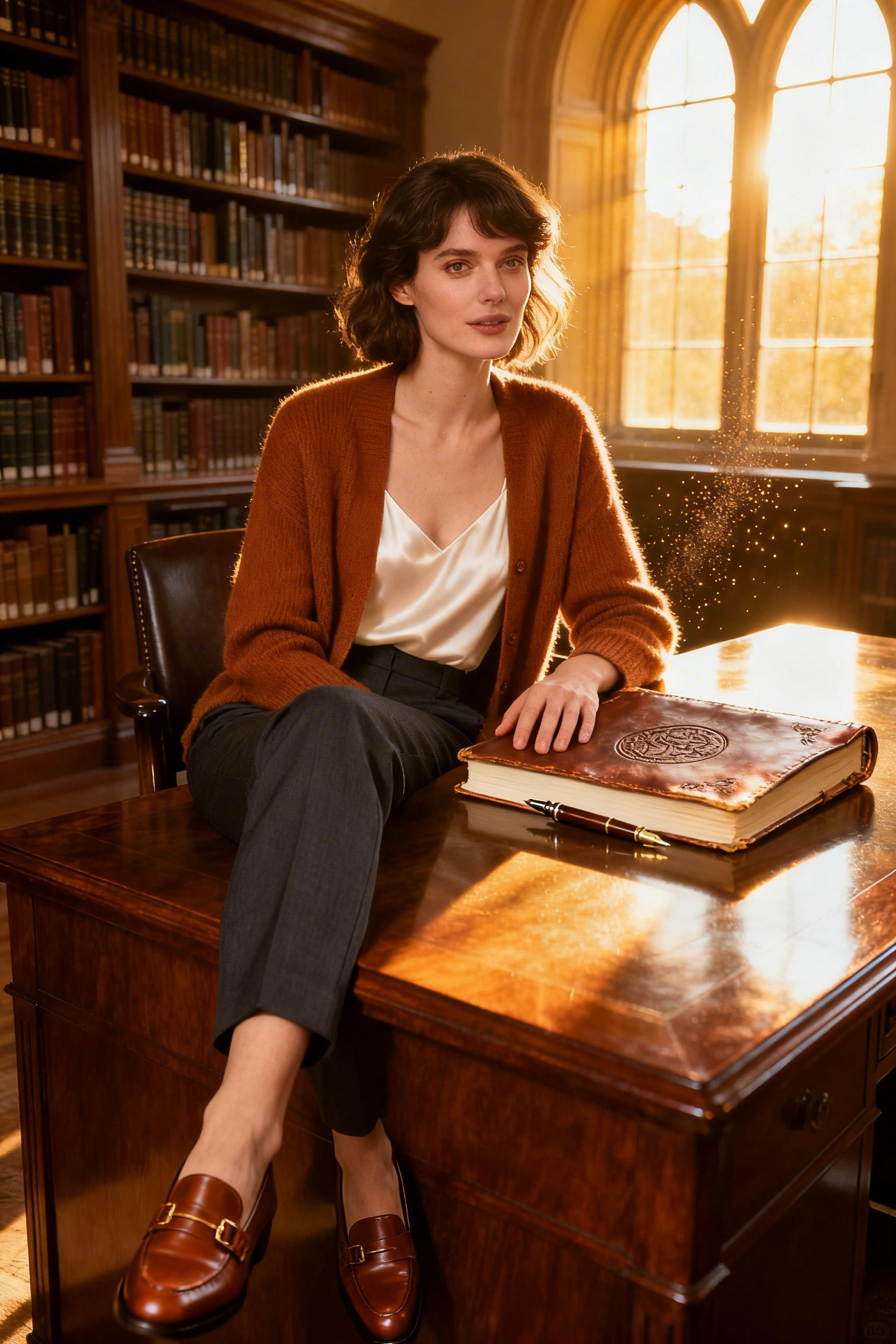 Oldmoney Outfit Woman - cream camisole cognac cardigan charcoal trousers