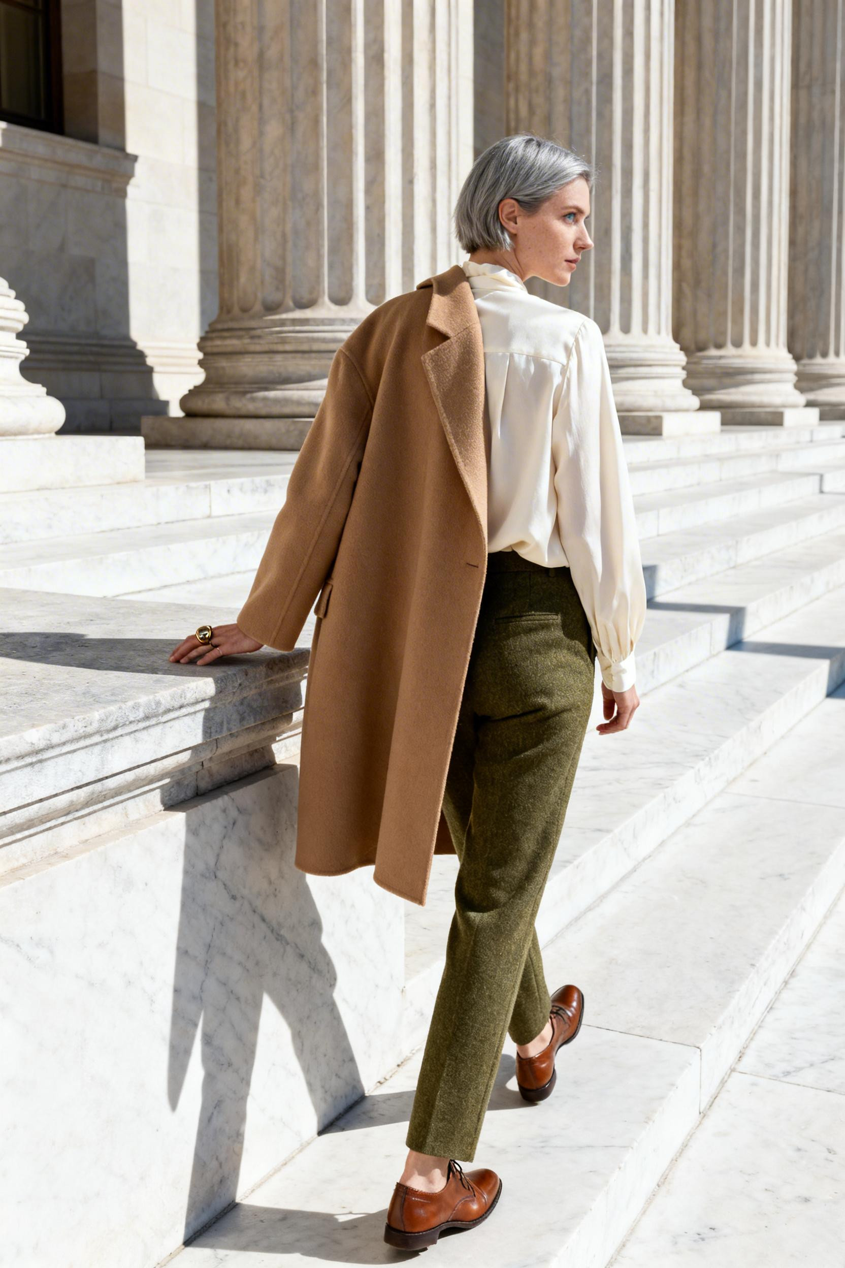 Elegant Summer Outfits - camel coat cream blouse olive trousers