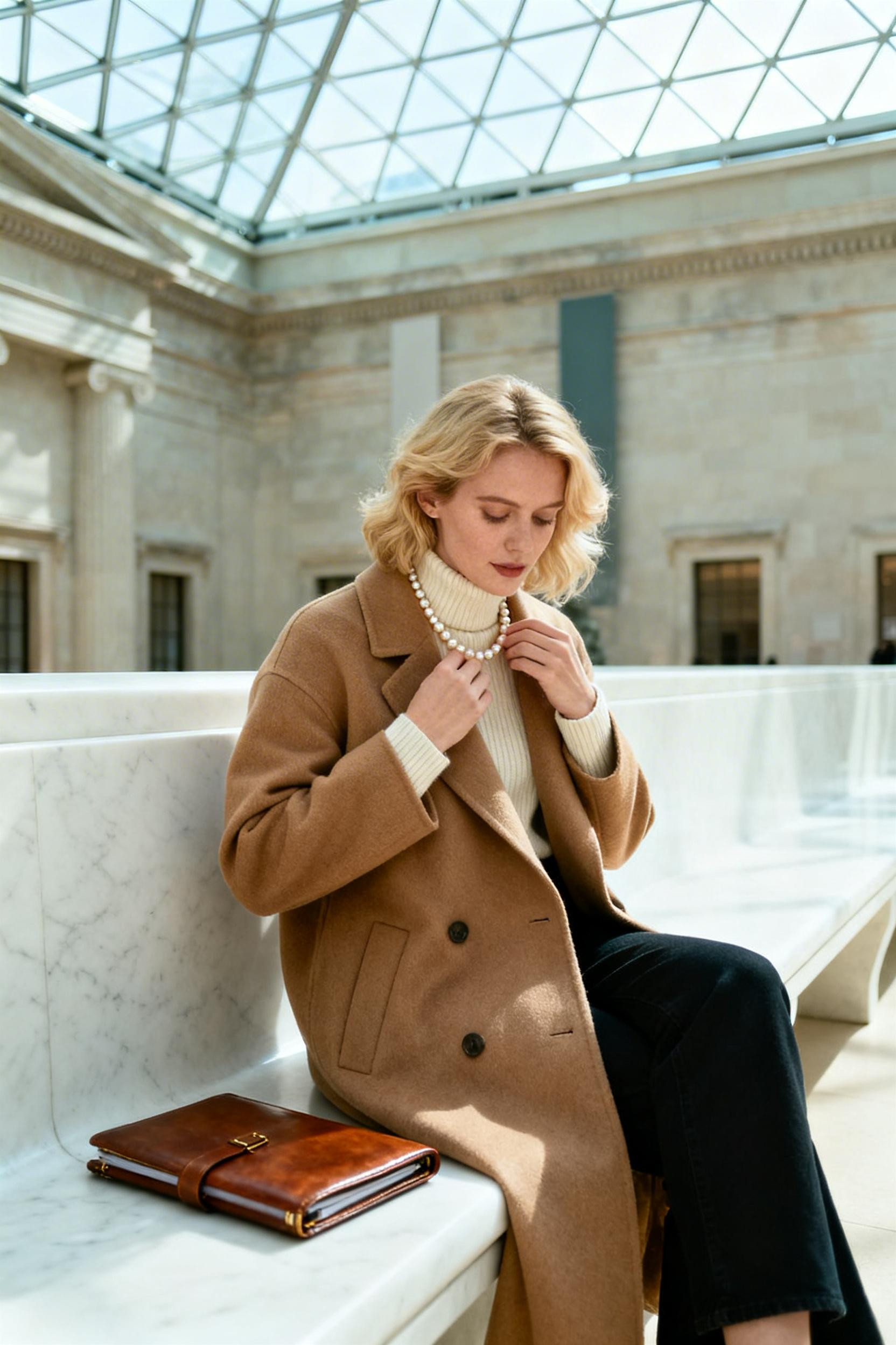 Old Money Women - camel wool coat cream cashmere