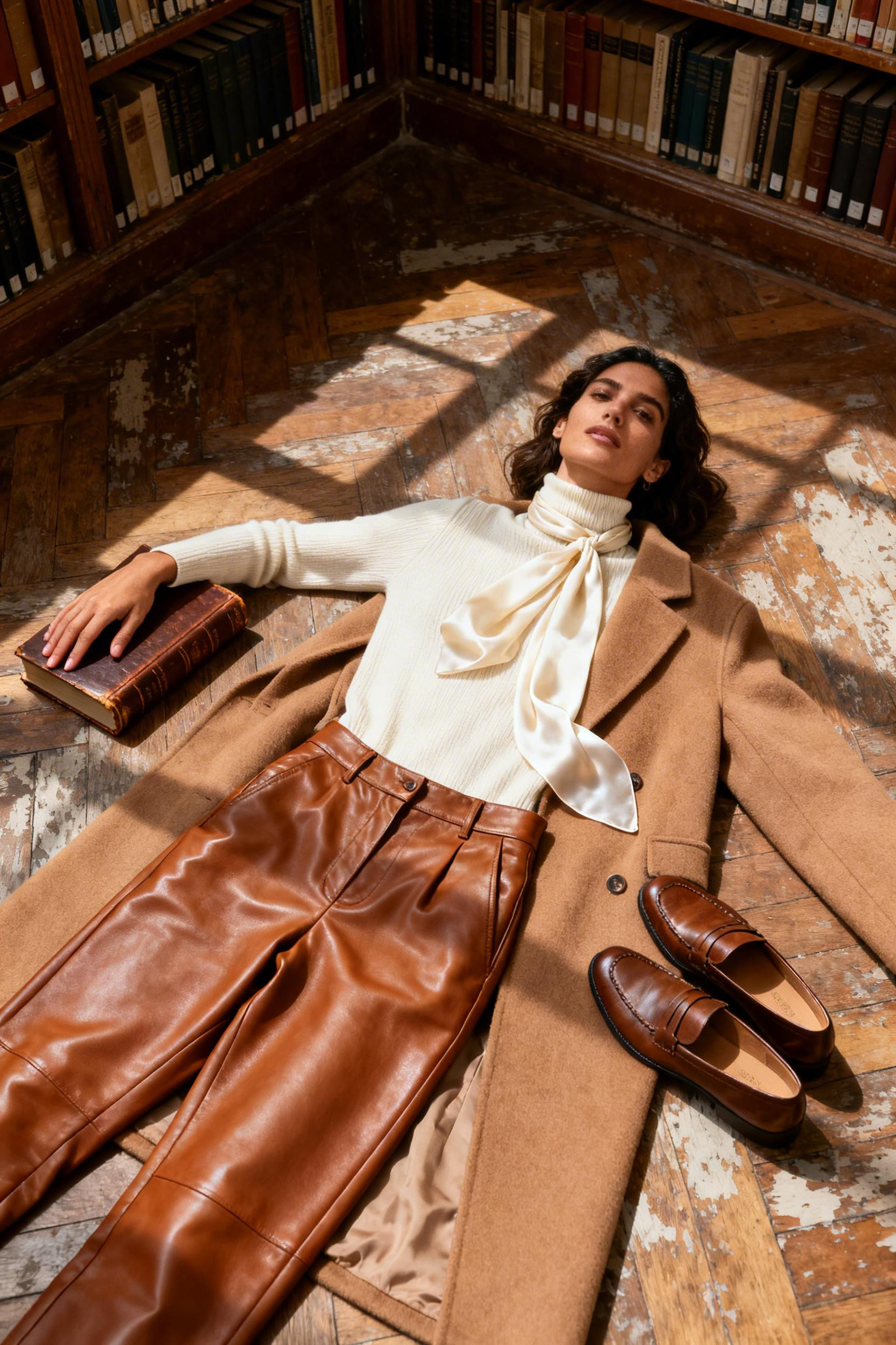 Old Money Fashion - cognac leather trousers cream cashmere