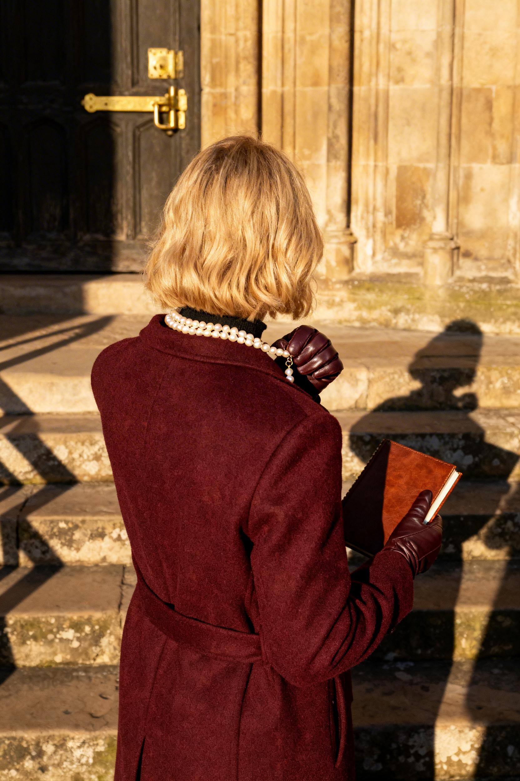 Paris Autumn Outfit - burgundy camel coat with pearl necklace