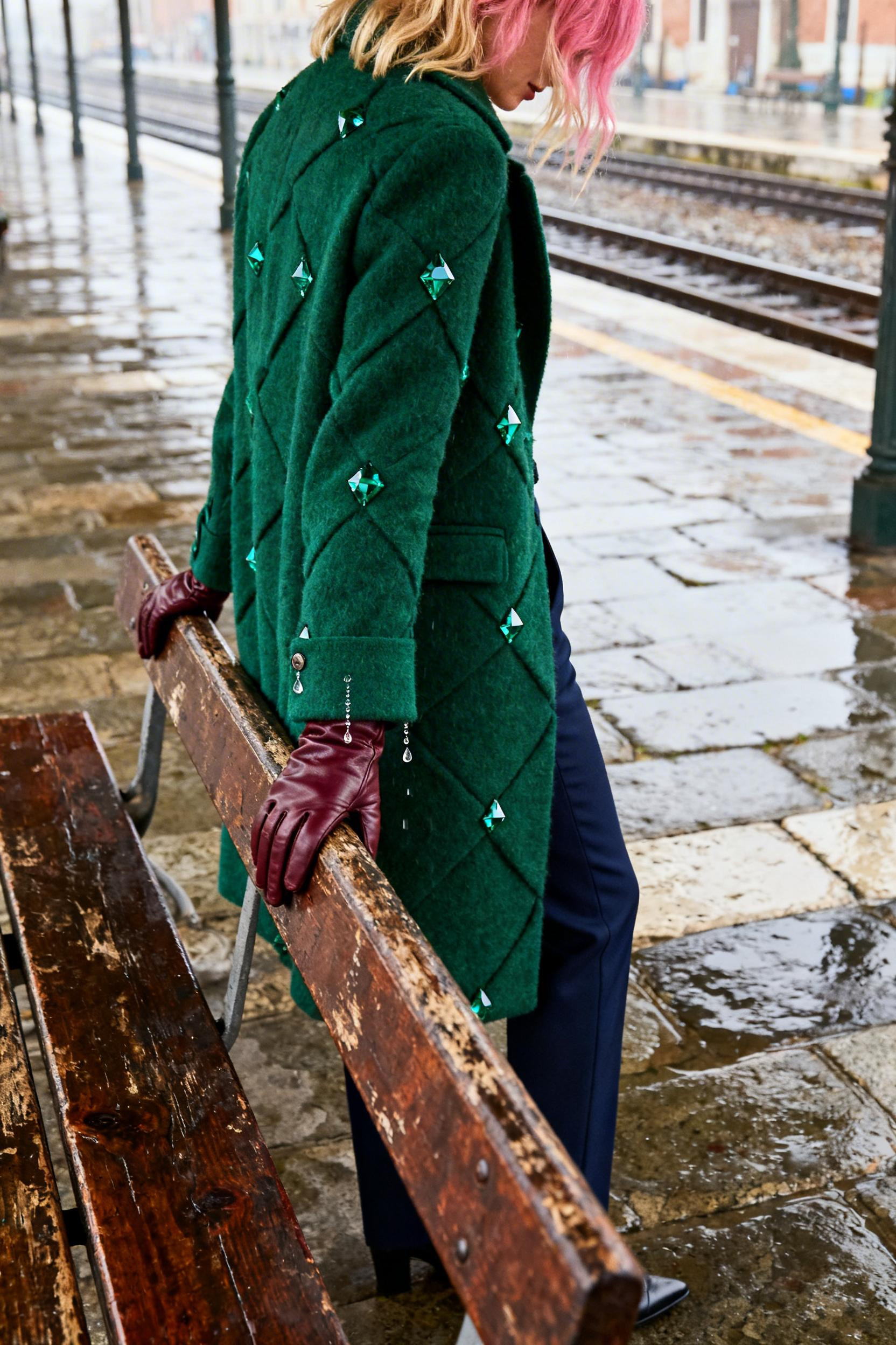 Airport Outfit - emerald wool coat with navy trousers