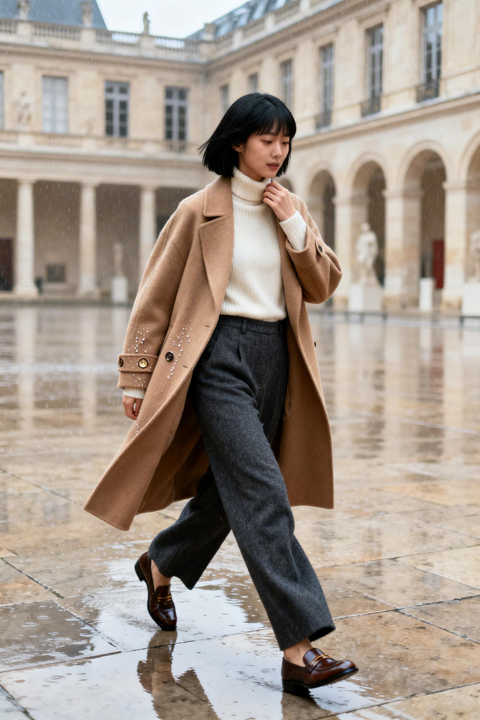 Italy Winter Outfits - cashmere turtleneck with wide-leg trousers