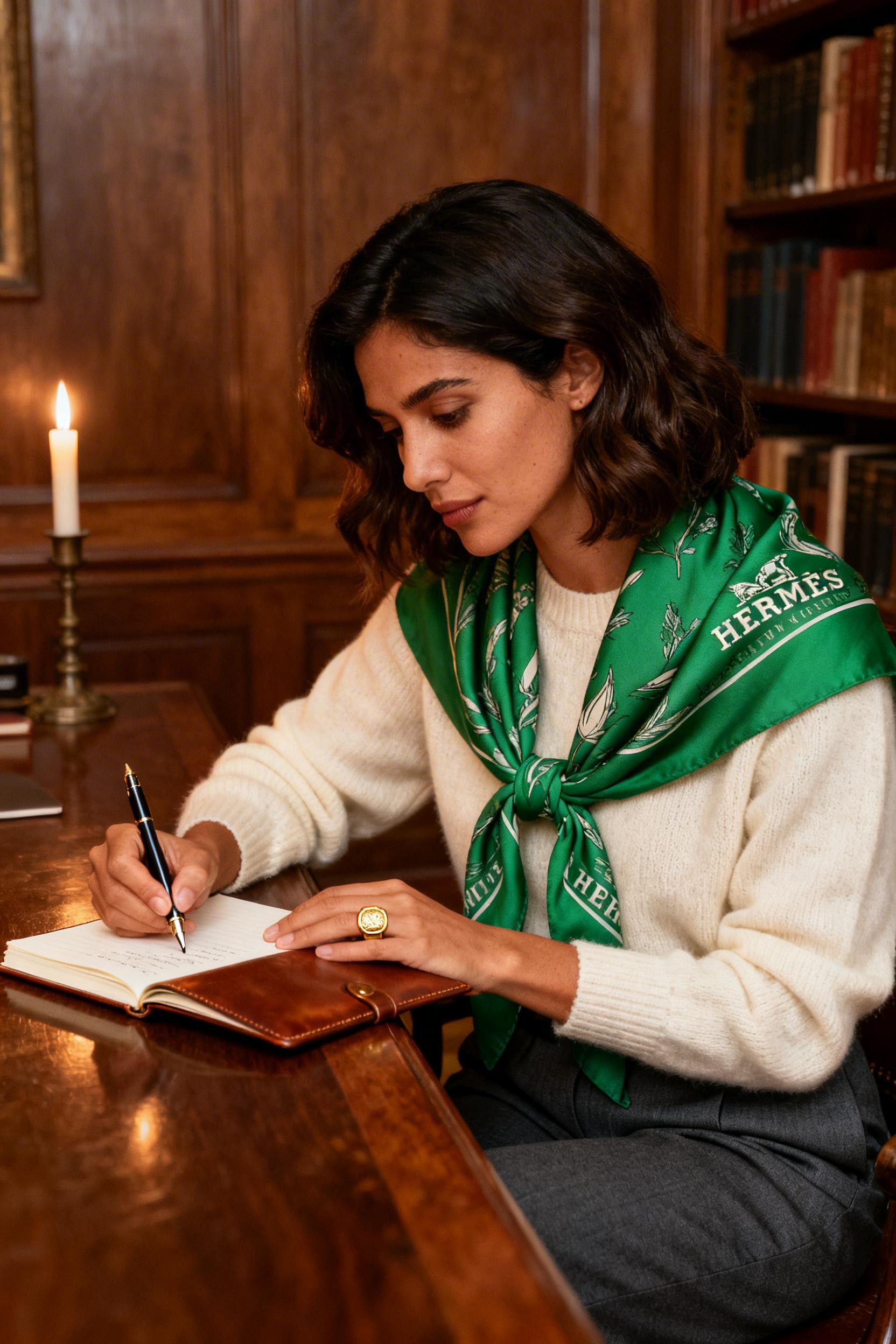 Uni Fits - emerald silk scarf cream cashmere