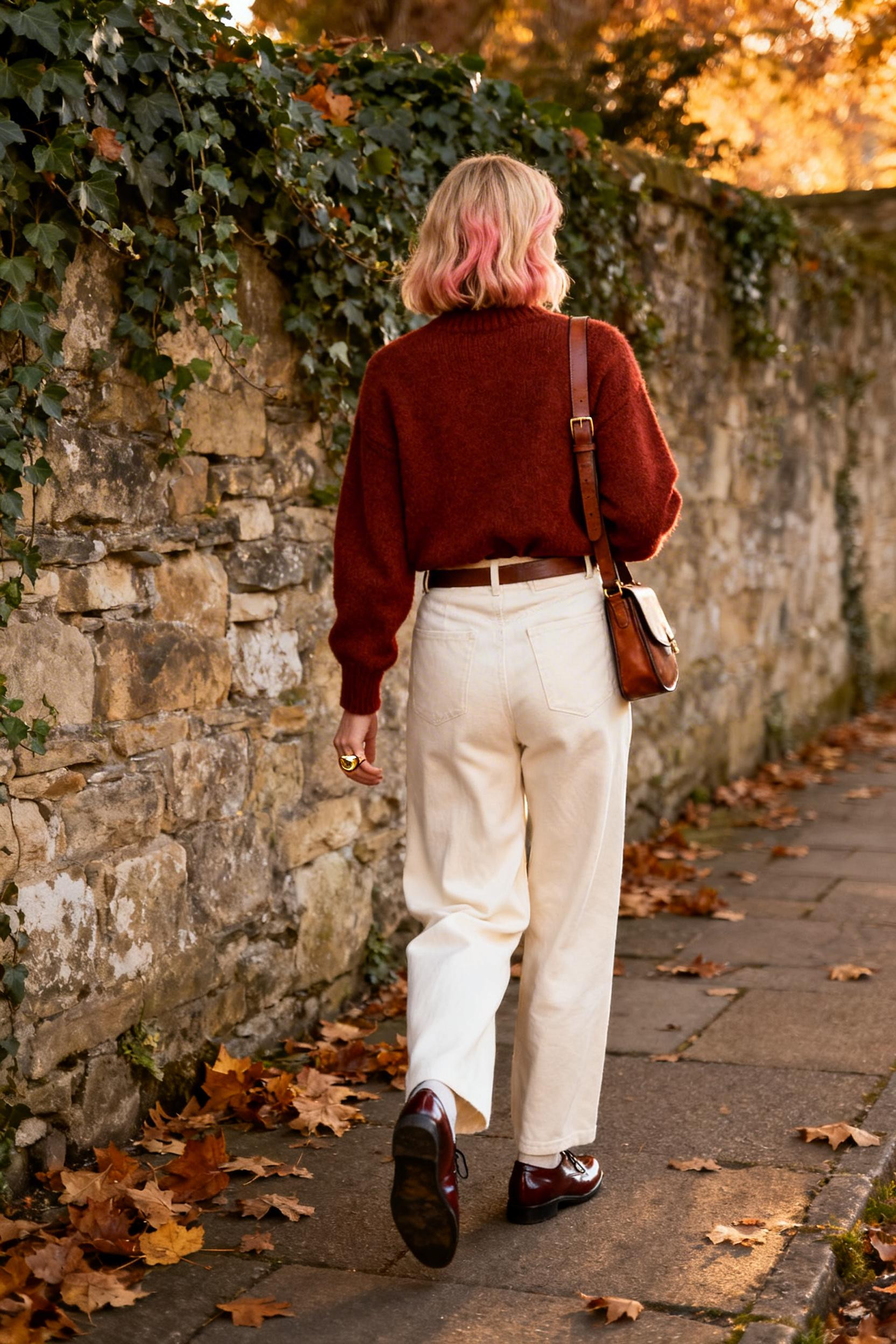 Private School Outfits - rust burgundy sweater cream trousers