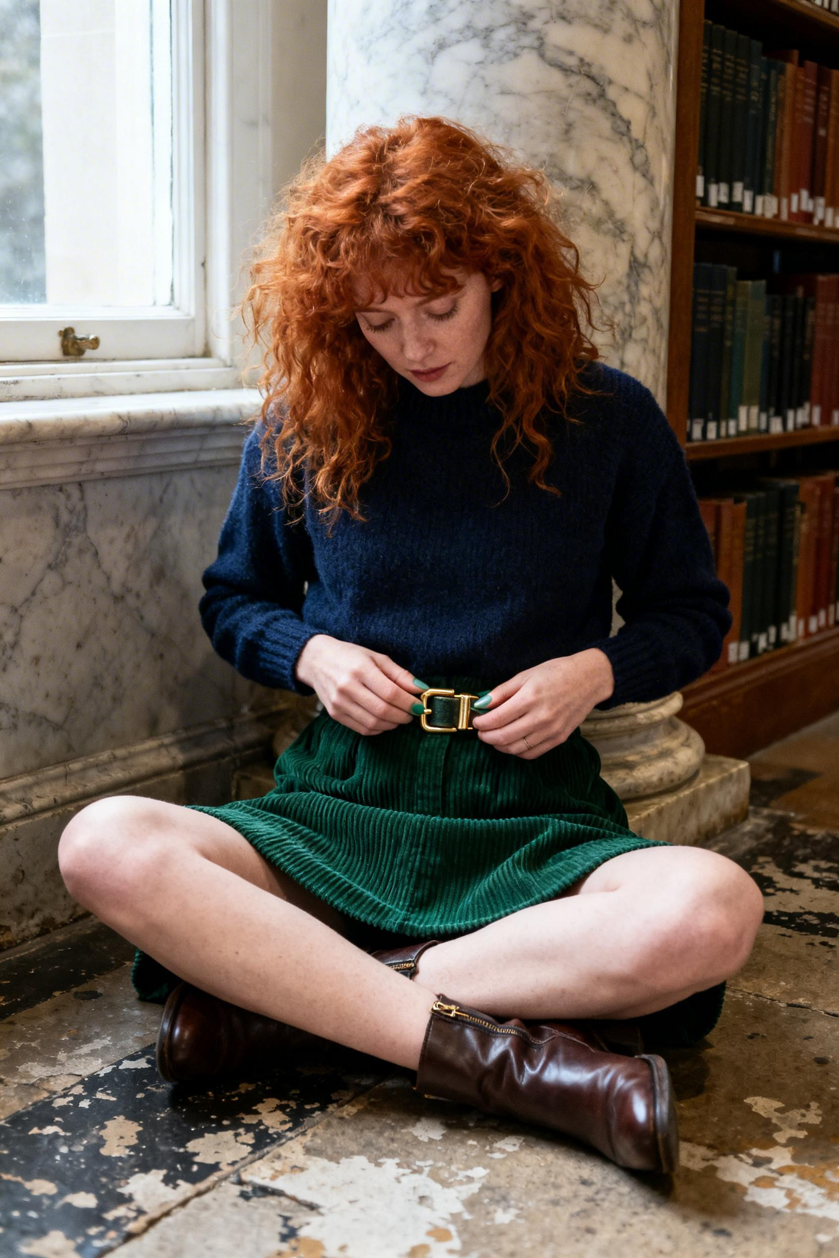 Modest Girly Outfits - navy jumper green corduroy skirt