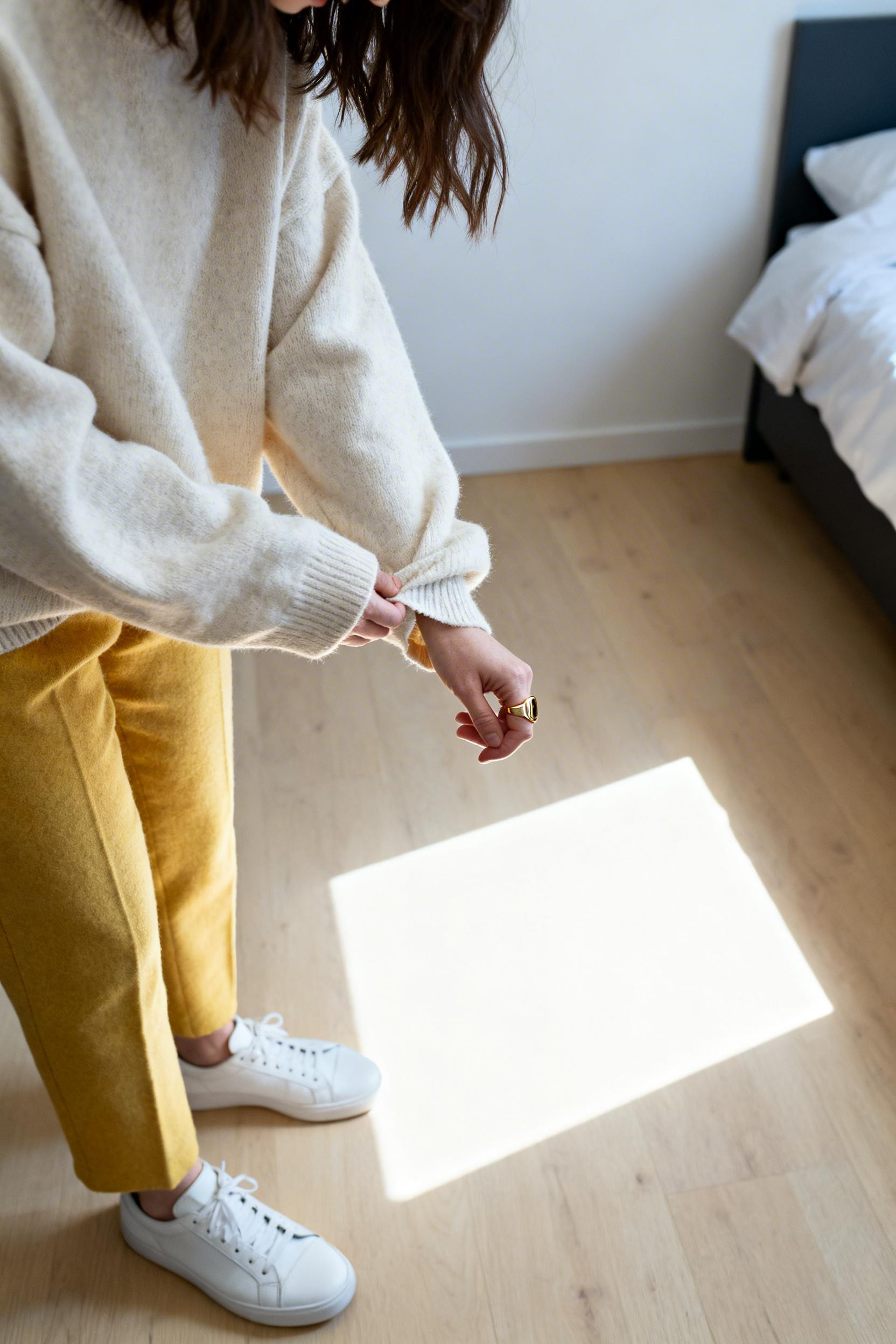 Uni Outfit Ideas - cashmere pullover yellow trousers