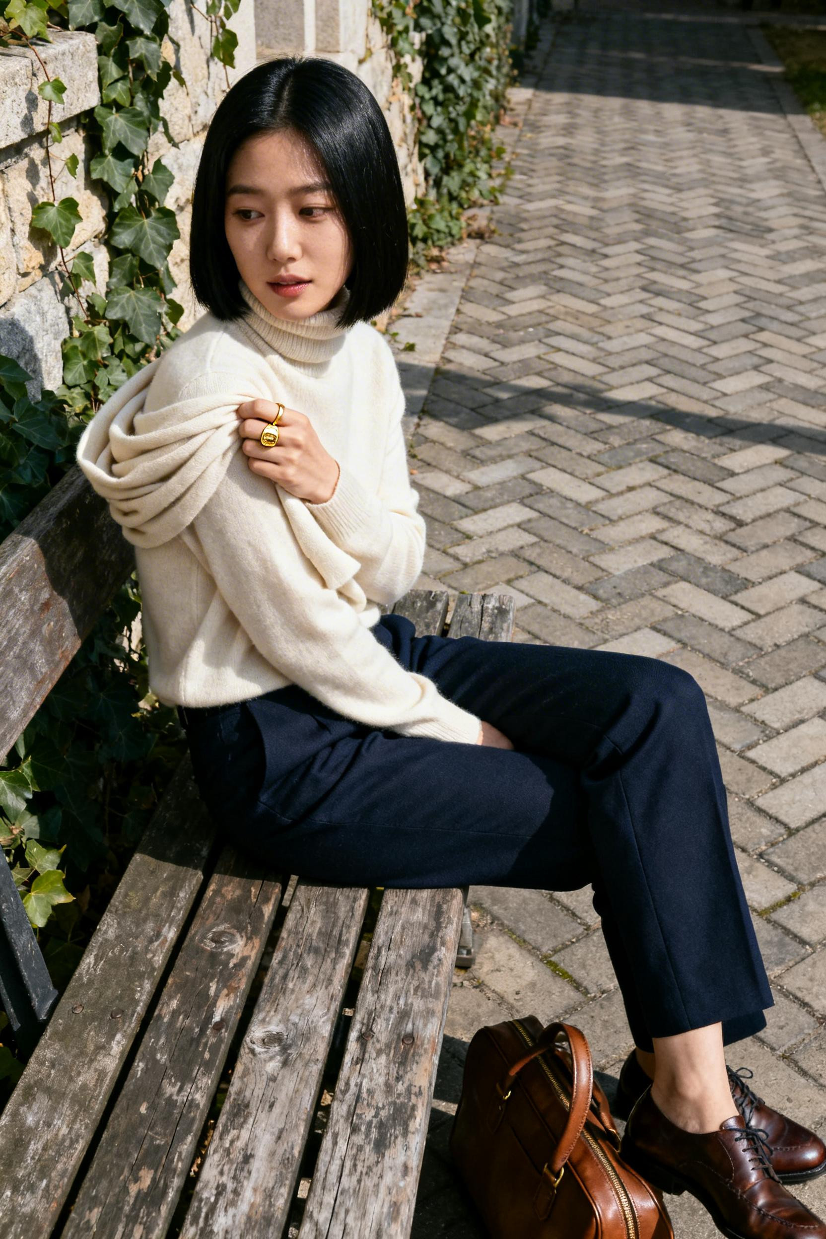 Classy School Outfits - cashmere turtleneck navy trousers