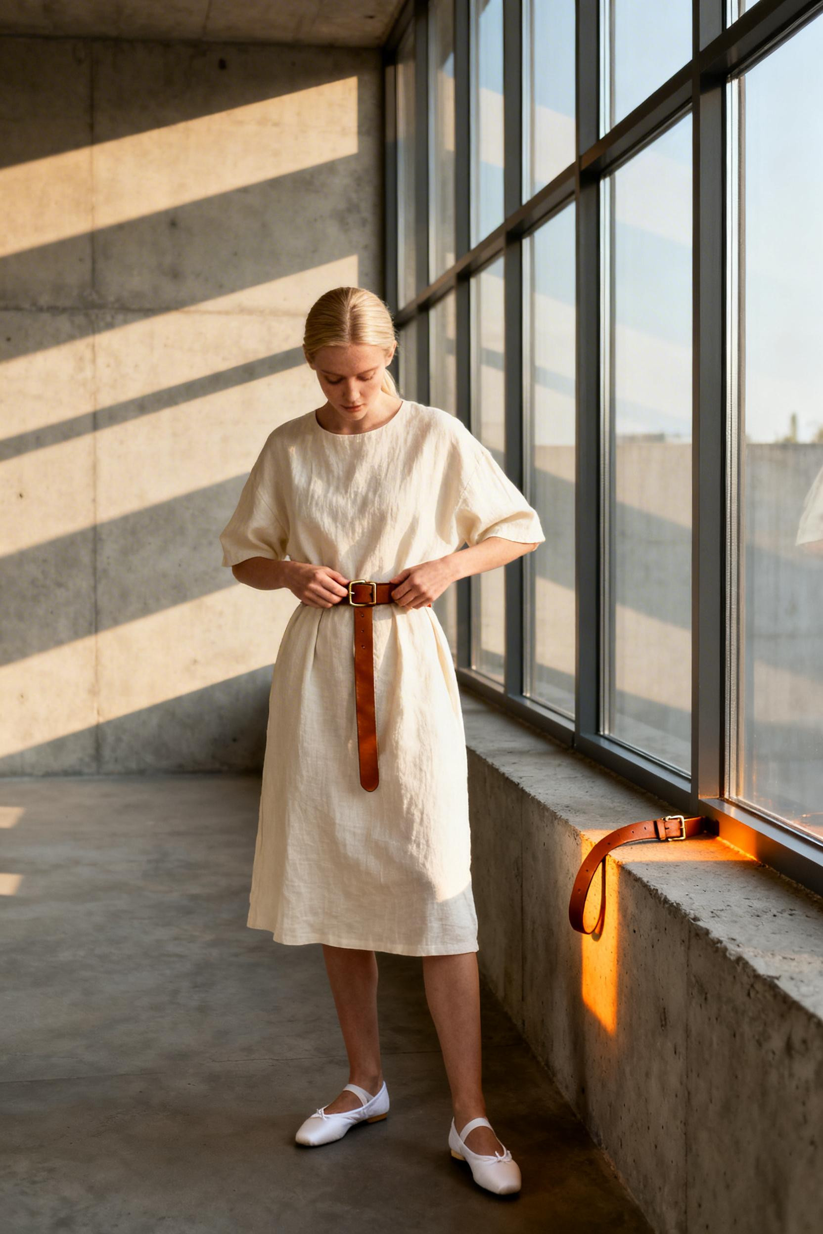 Classic School Outfits - belted linen shift dress