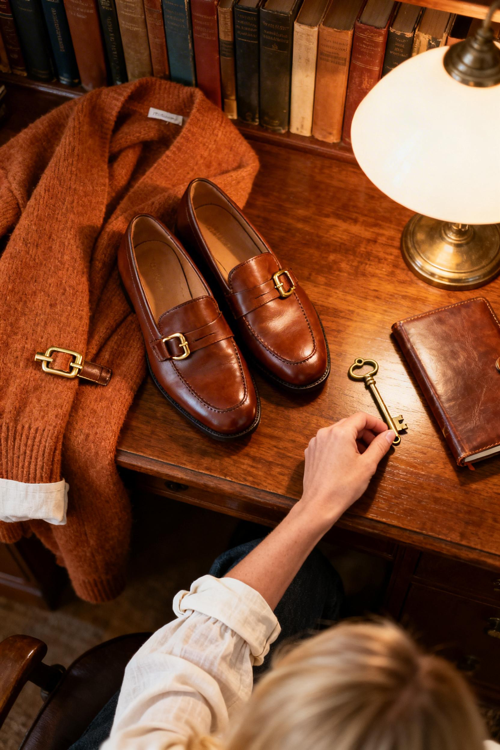 Old Money Shoes Woman - chestnut loafers flat lay brass key