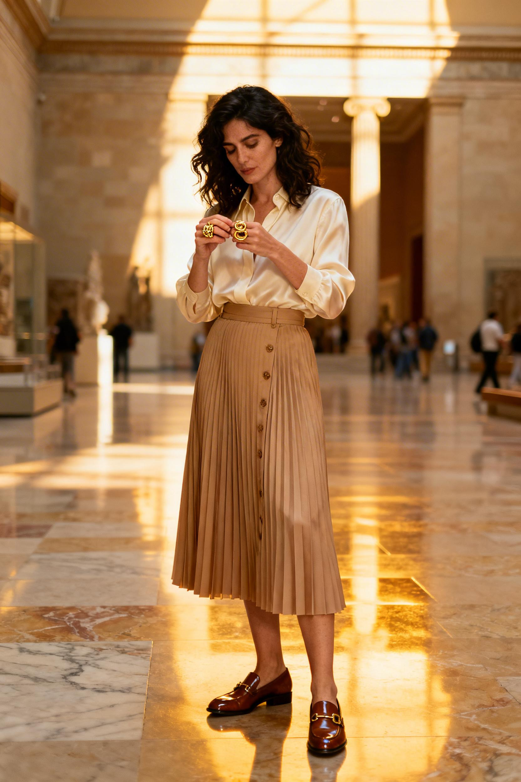 Old Money Fashion - cream silk blouse vintage pleated skirt