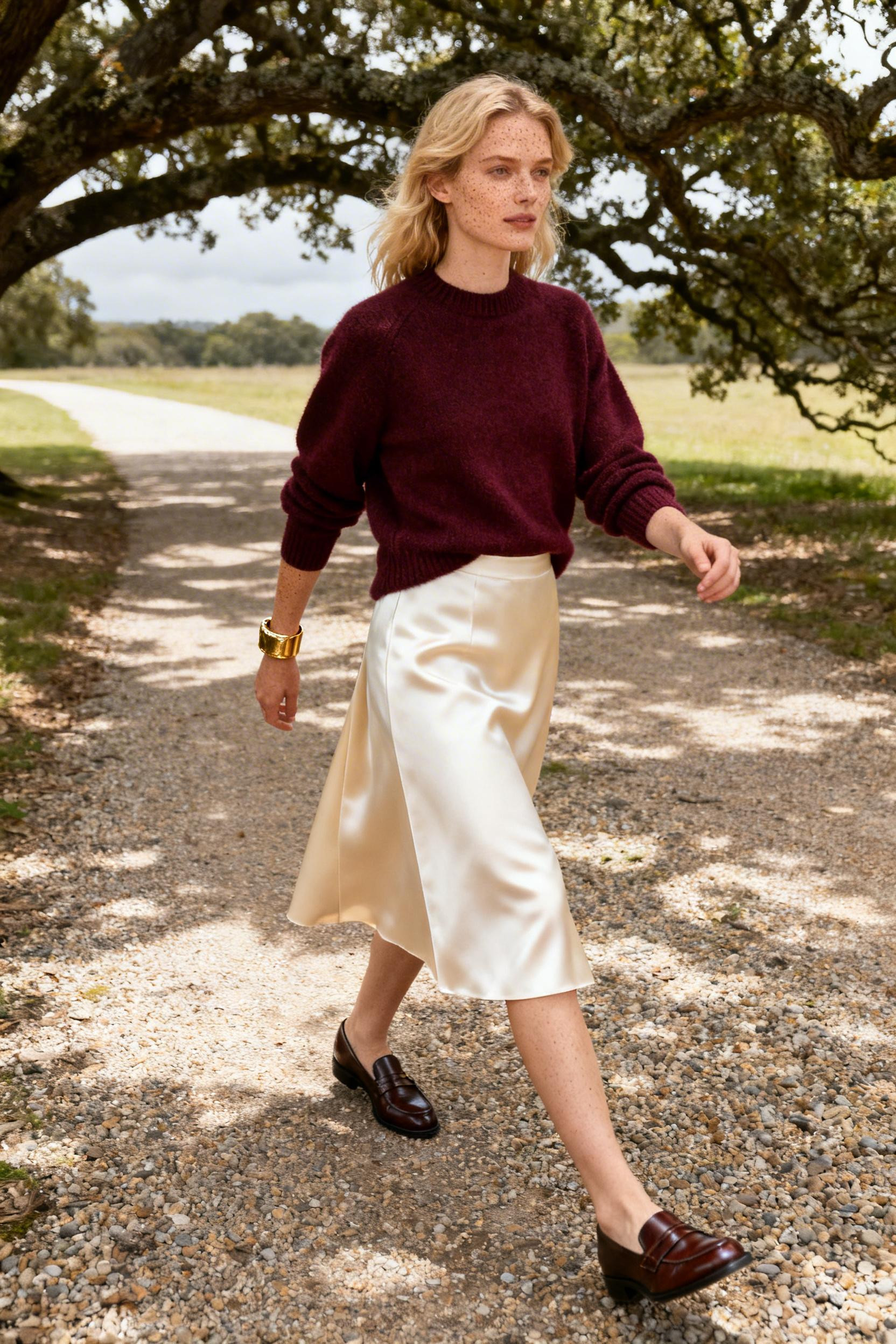 Summer Fits - burgundy cashmere cream satin skirt
