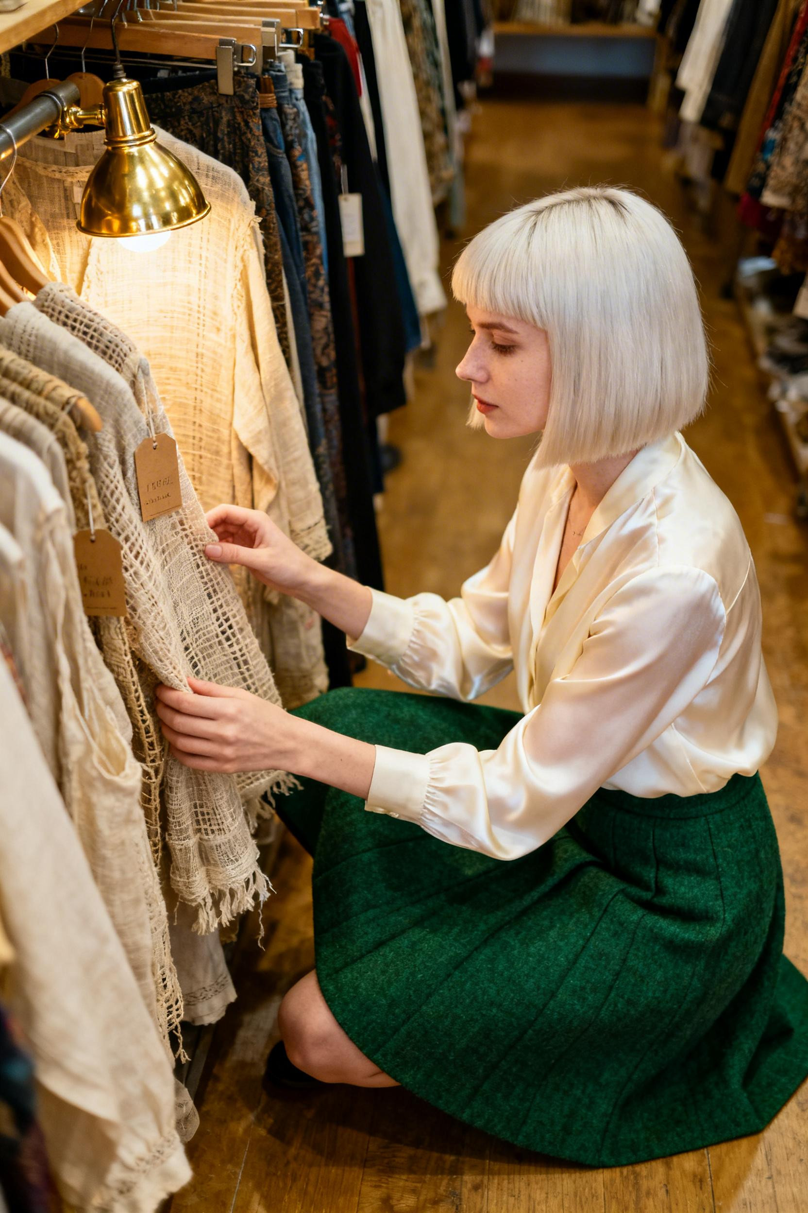 Old Money Style - emerald wool skirt cream silk blouse