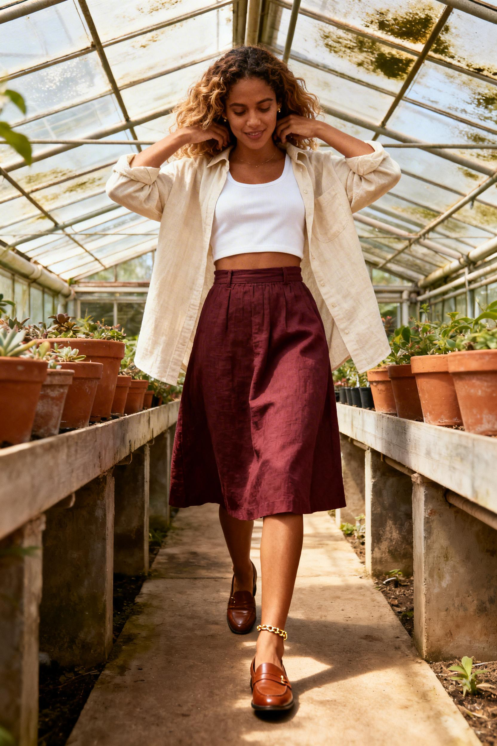 2000S Fashion - burgundy linen skirt cream overshirt