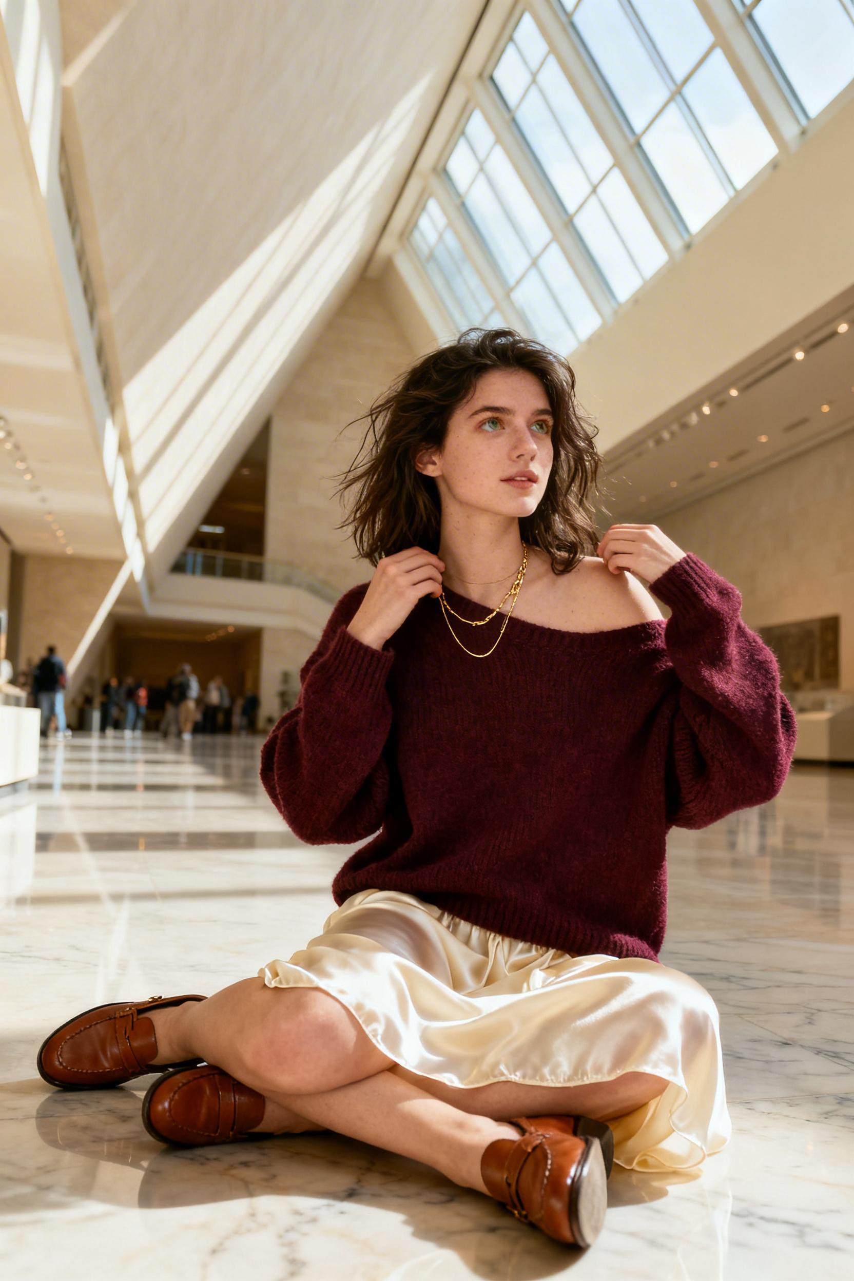Old Money Style - cream silk slip skirt burgundy sweater