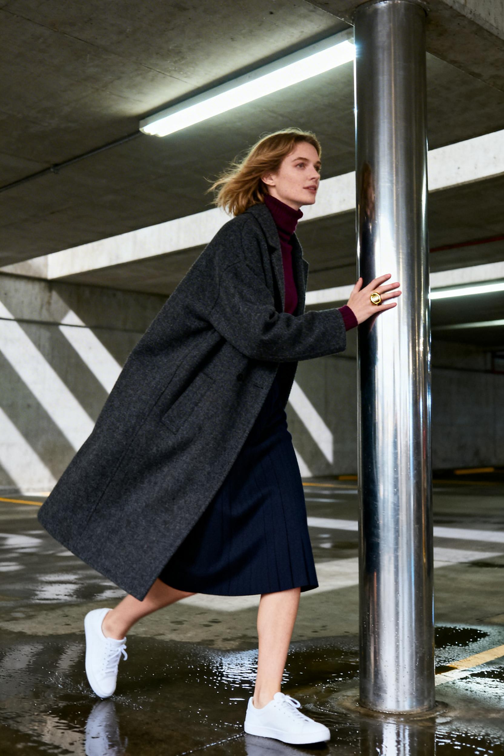 Outfit Inspo - charcoal wool coat burgundy turtleneck navy skirt