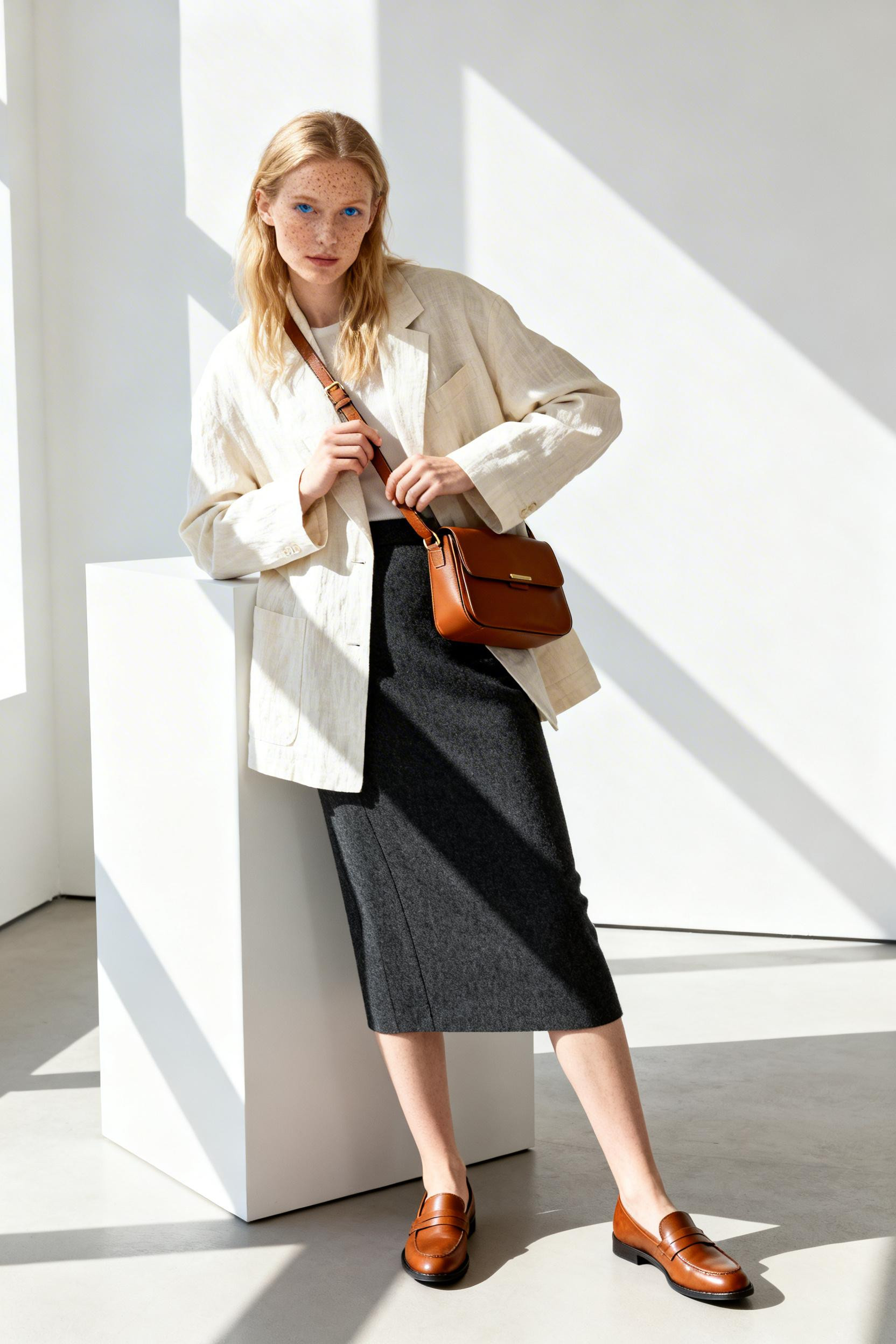 Old Money Fashion - charcoal pencil skirt cream blazer