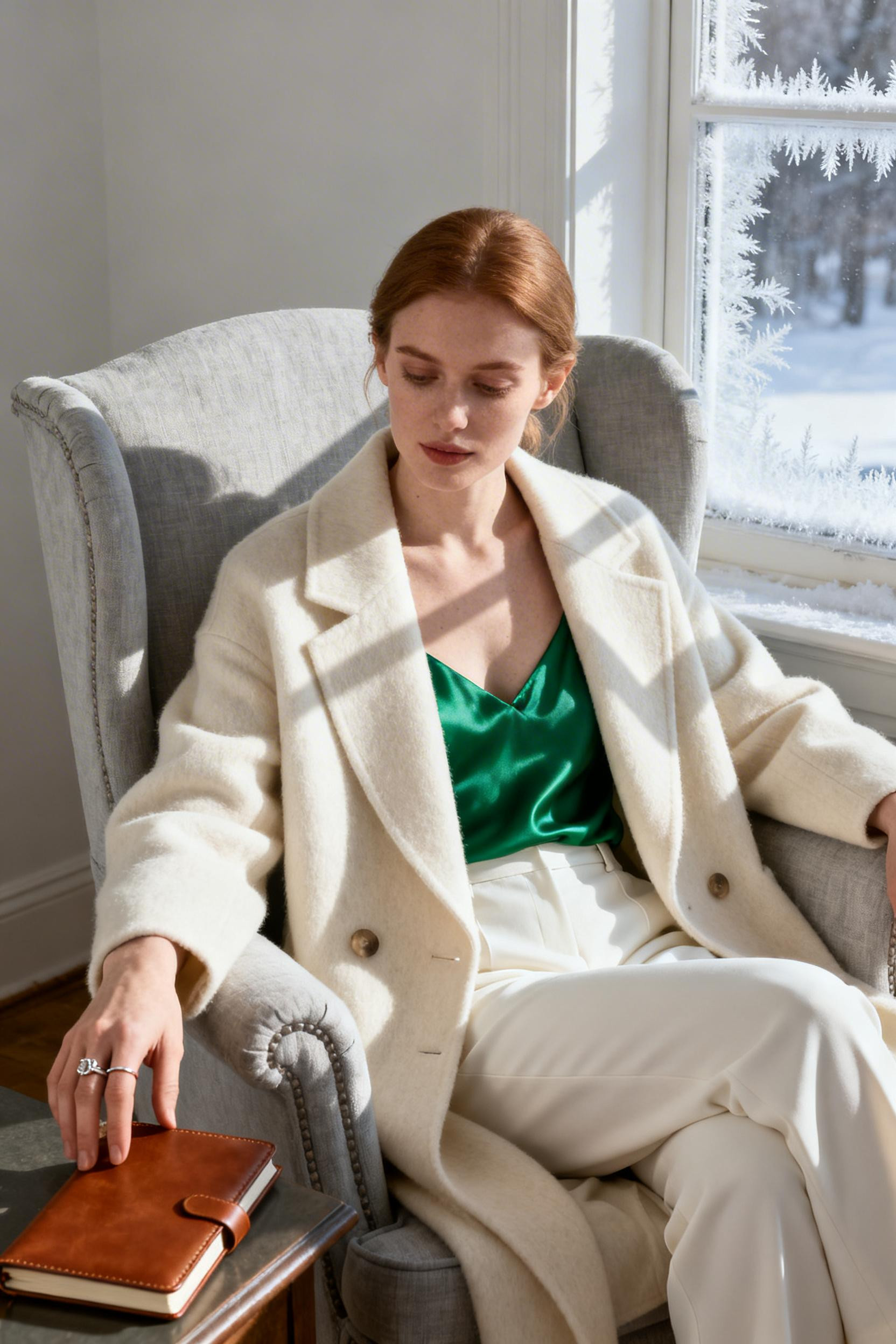 Old Money Style - cream coat emerald dress
