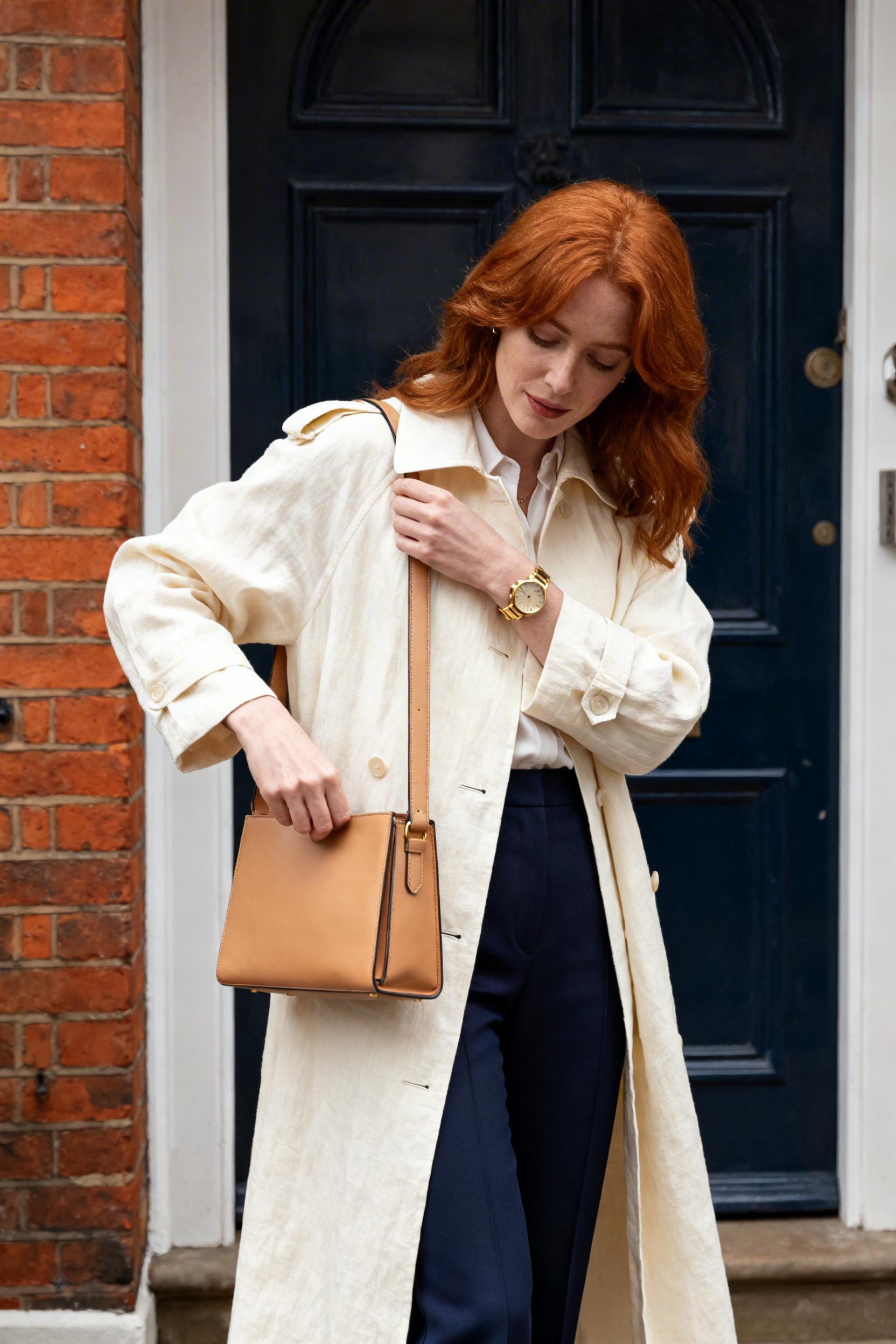 Classic Outfits - linen trench coat navy trousers