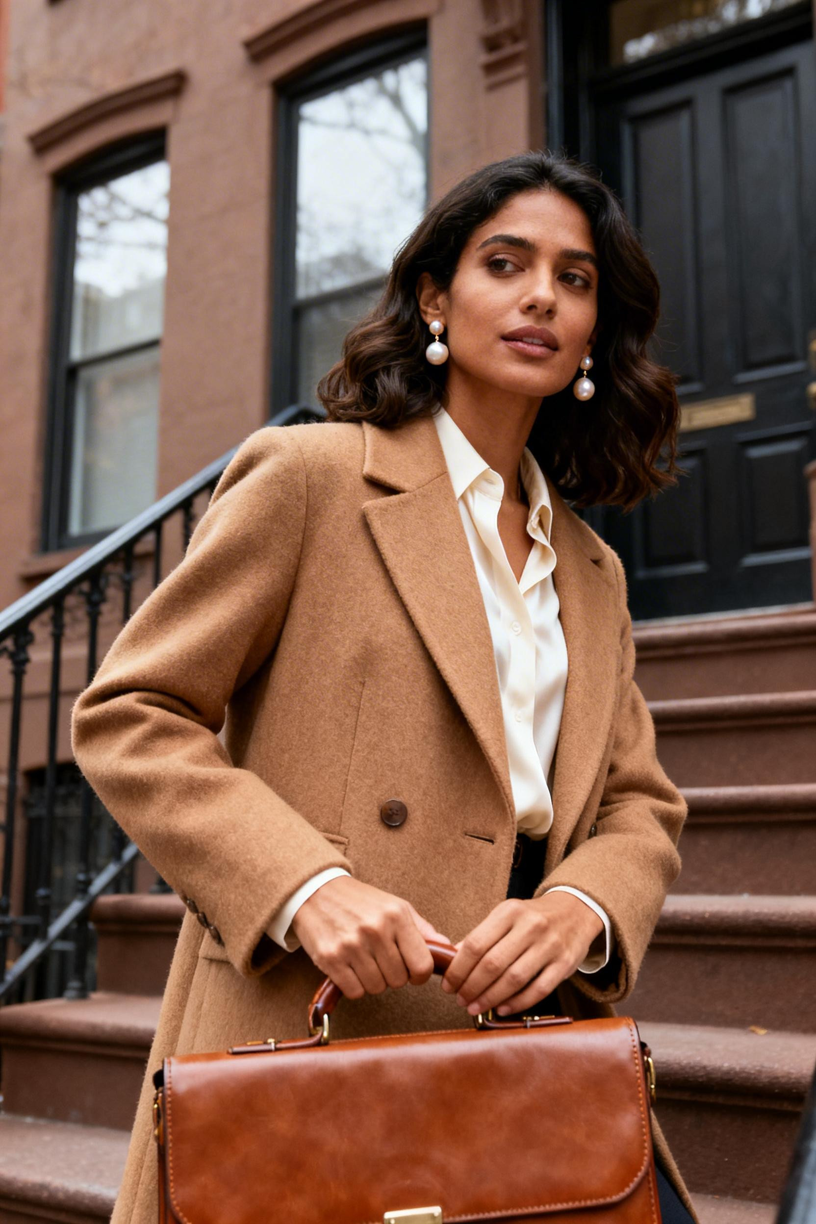 Old Money Look - camel coat cream blouse