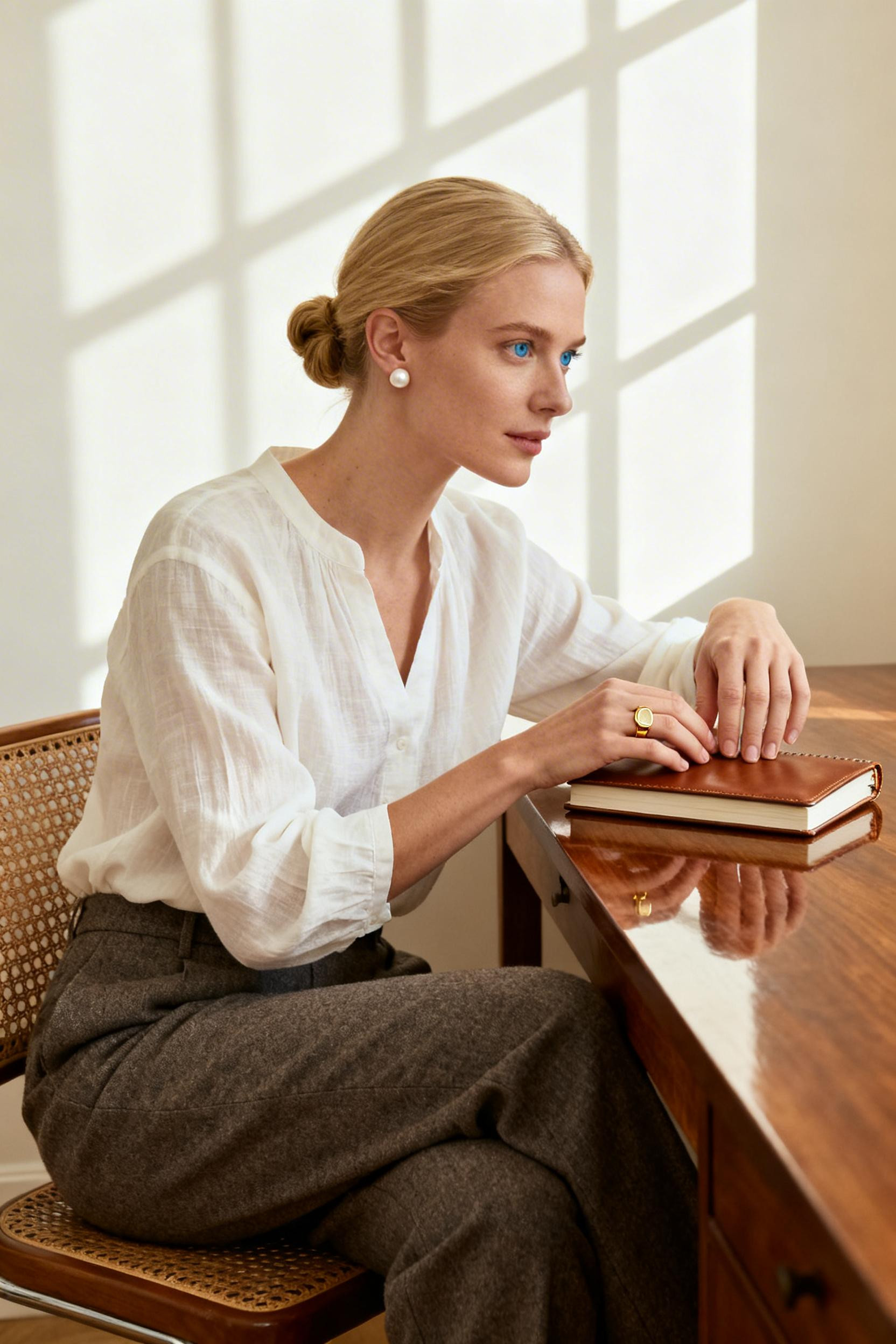 Stylish Work Outfits - cream trousers ivory blouse