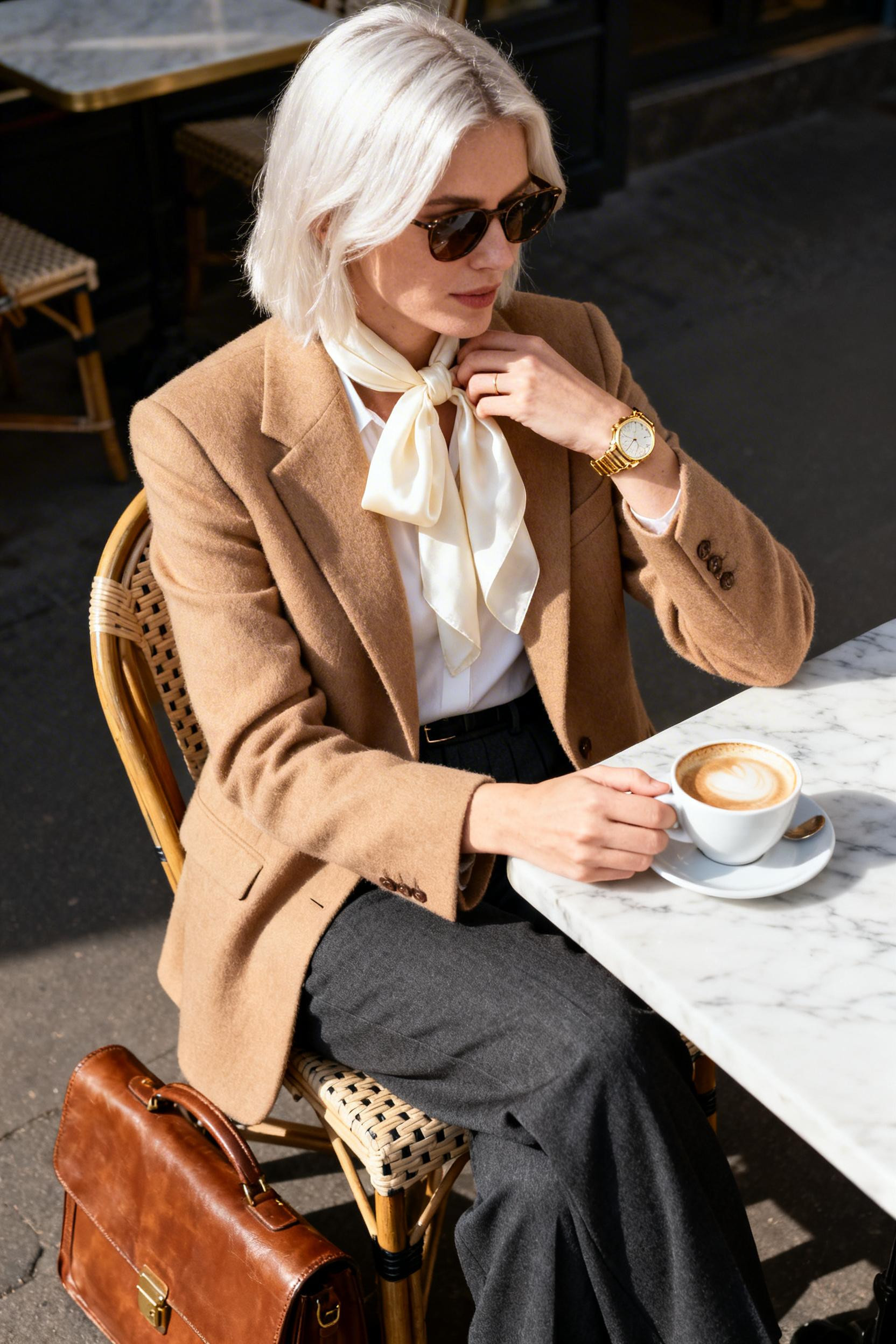 Cute Professional Outfits - camel blazer charcoal trousers