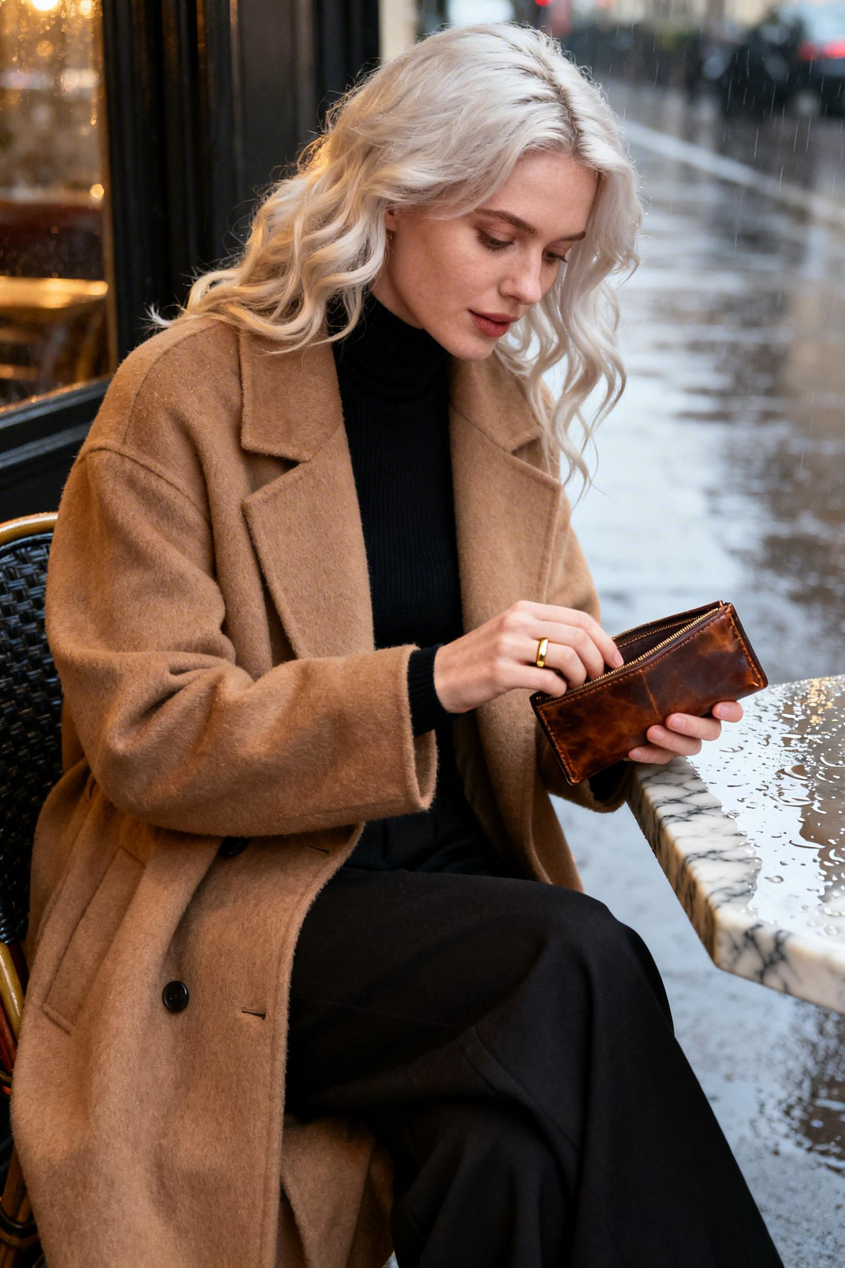 Winter Outfits - camel coat black turtleneck