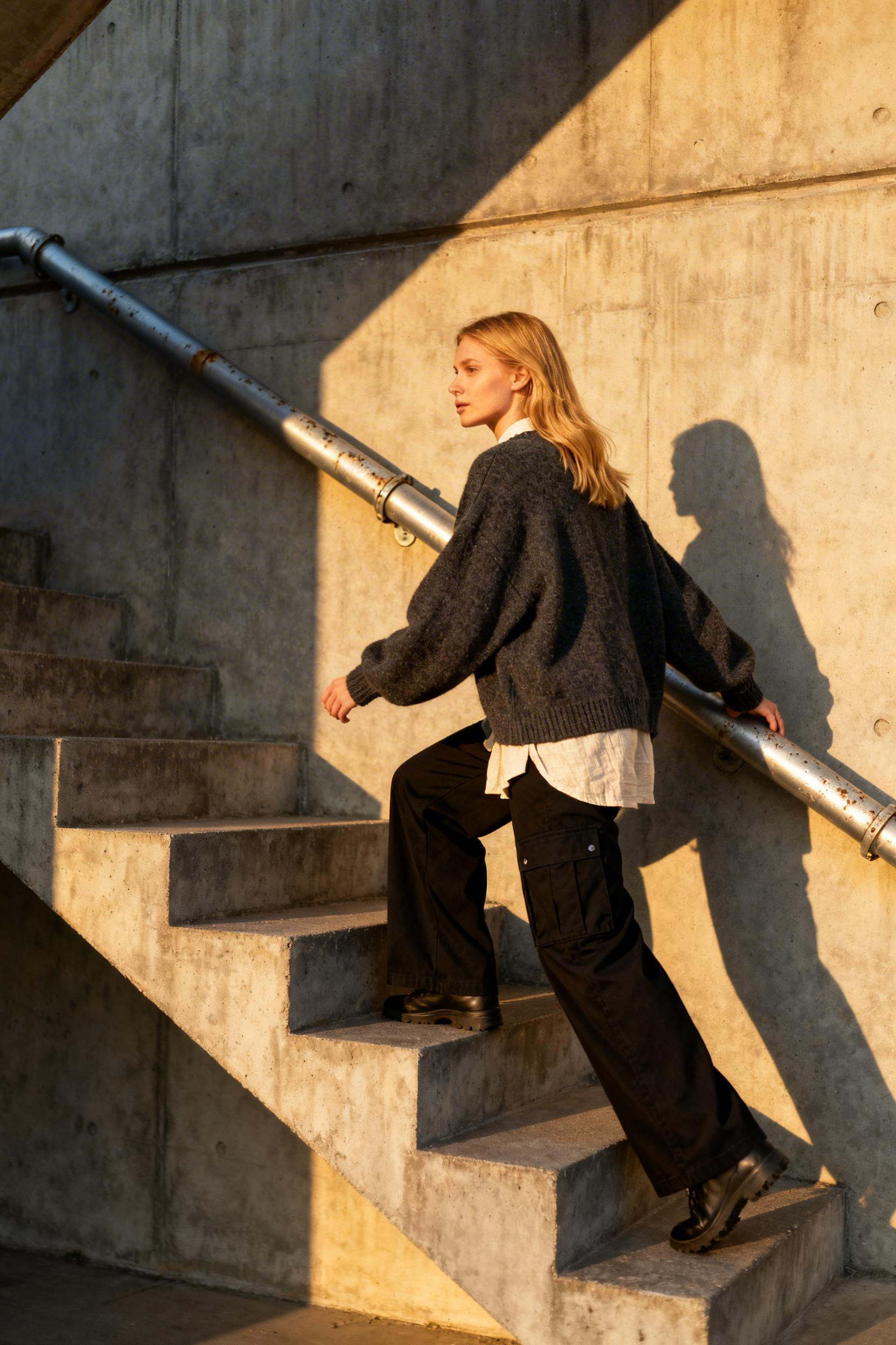 Business Casual Outfits - black cargo pants grey sweater