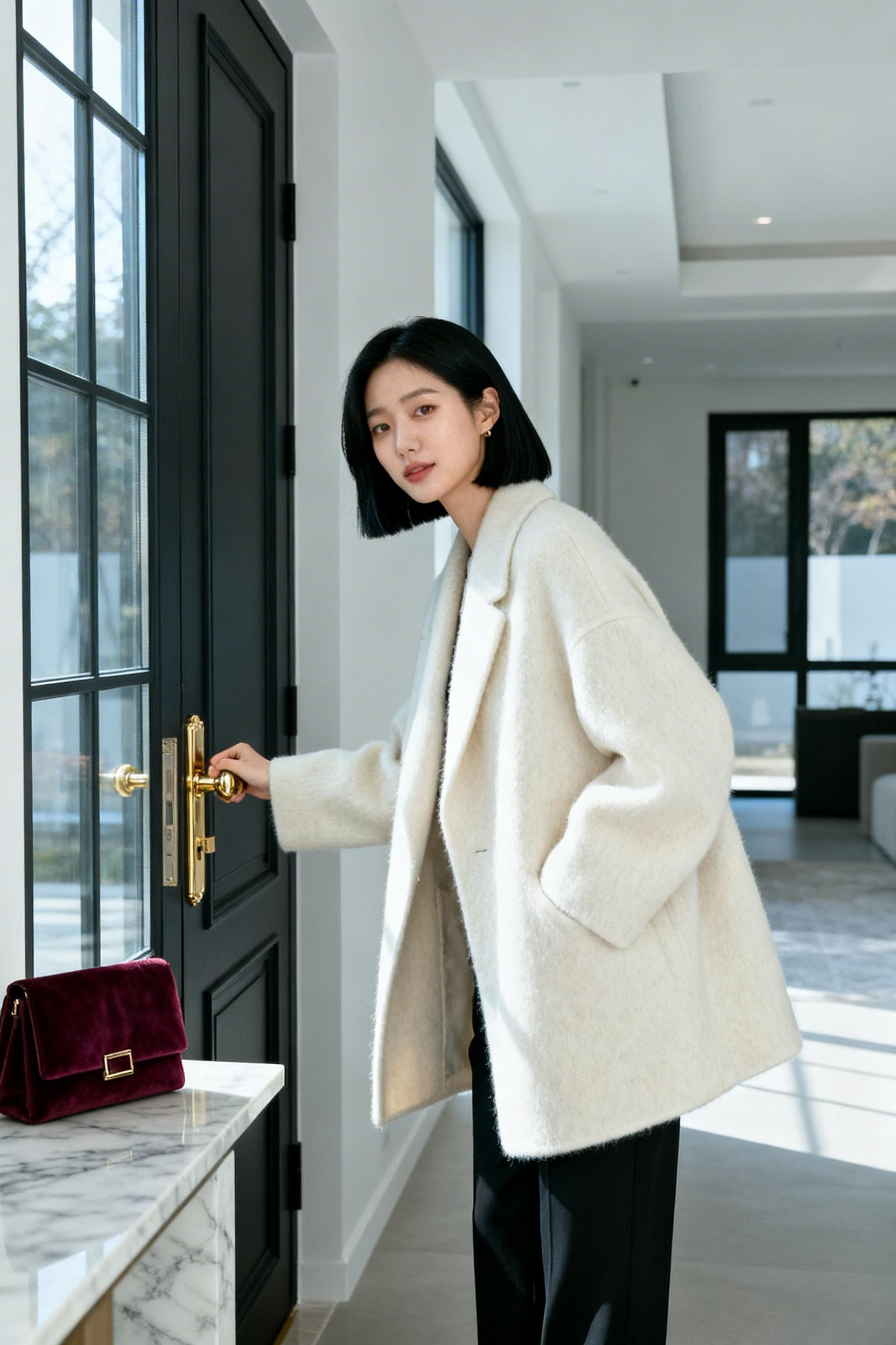 Rich Party Outfit - cream cashmere black trousers