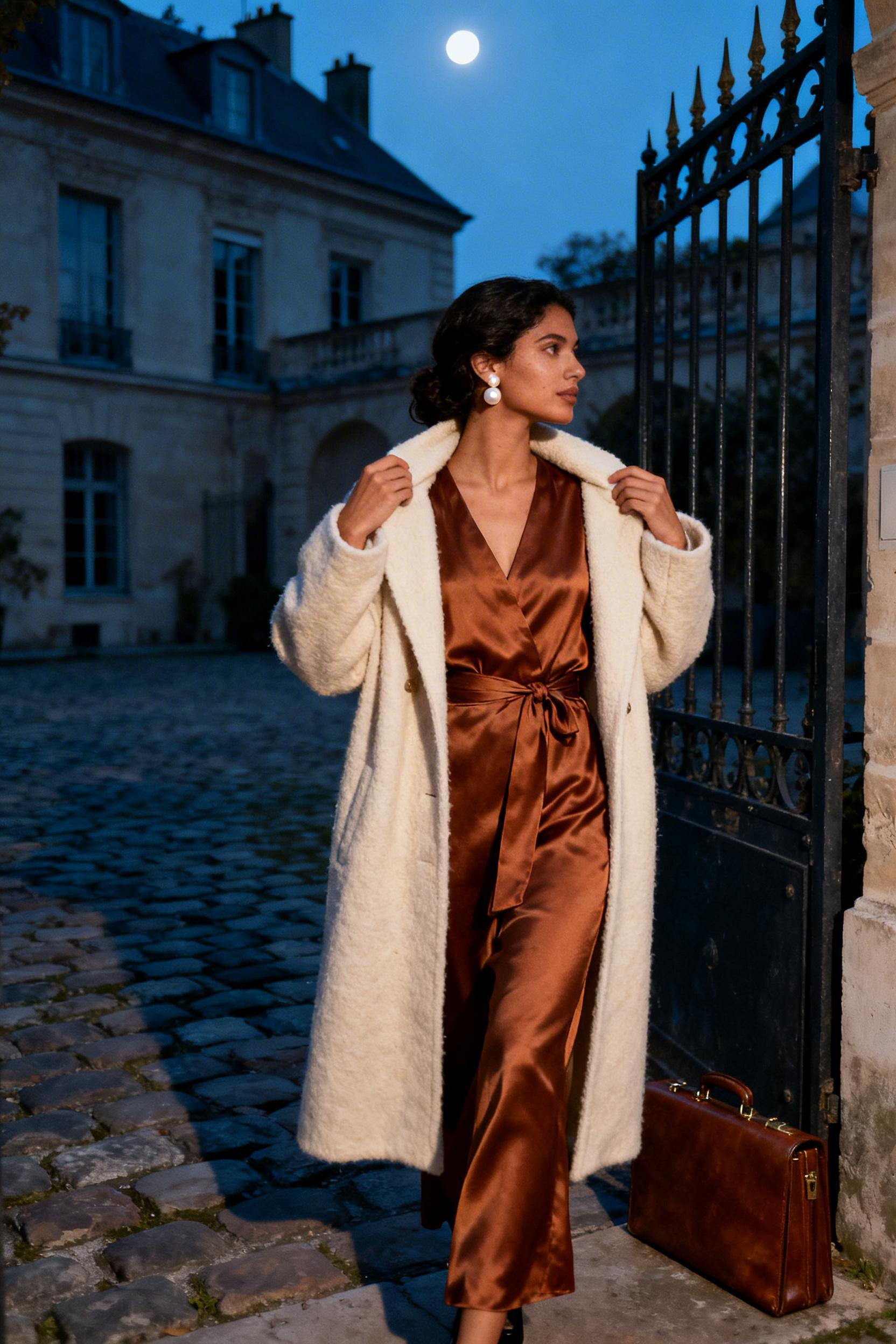 Chic Dinner Outfit - caramel silk wrap dress wool coat