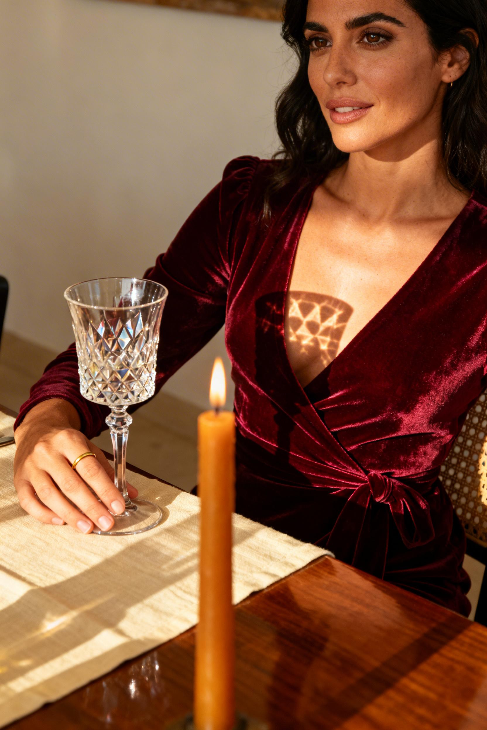 Dinner Party Outfit Classy - burgundy velvet wrap dress candlelight