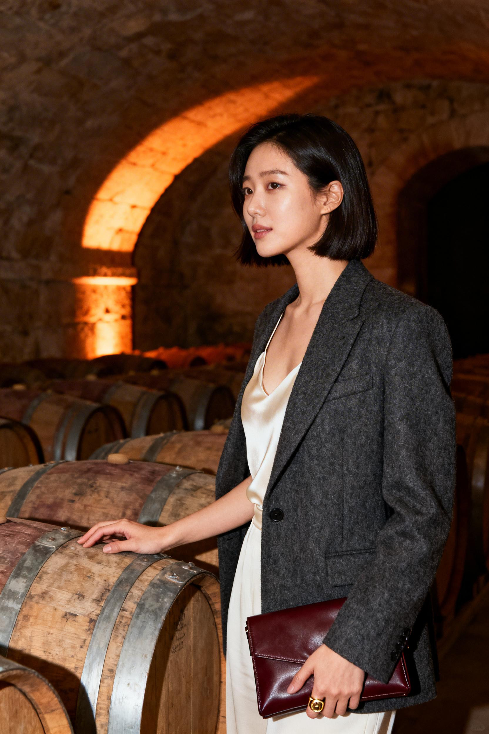 Elegant Dinner Outfit - charcoal blazer silk camisole