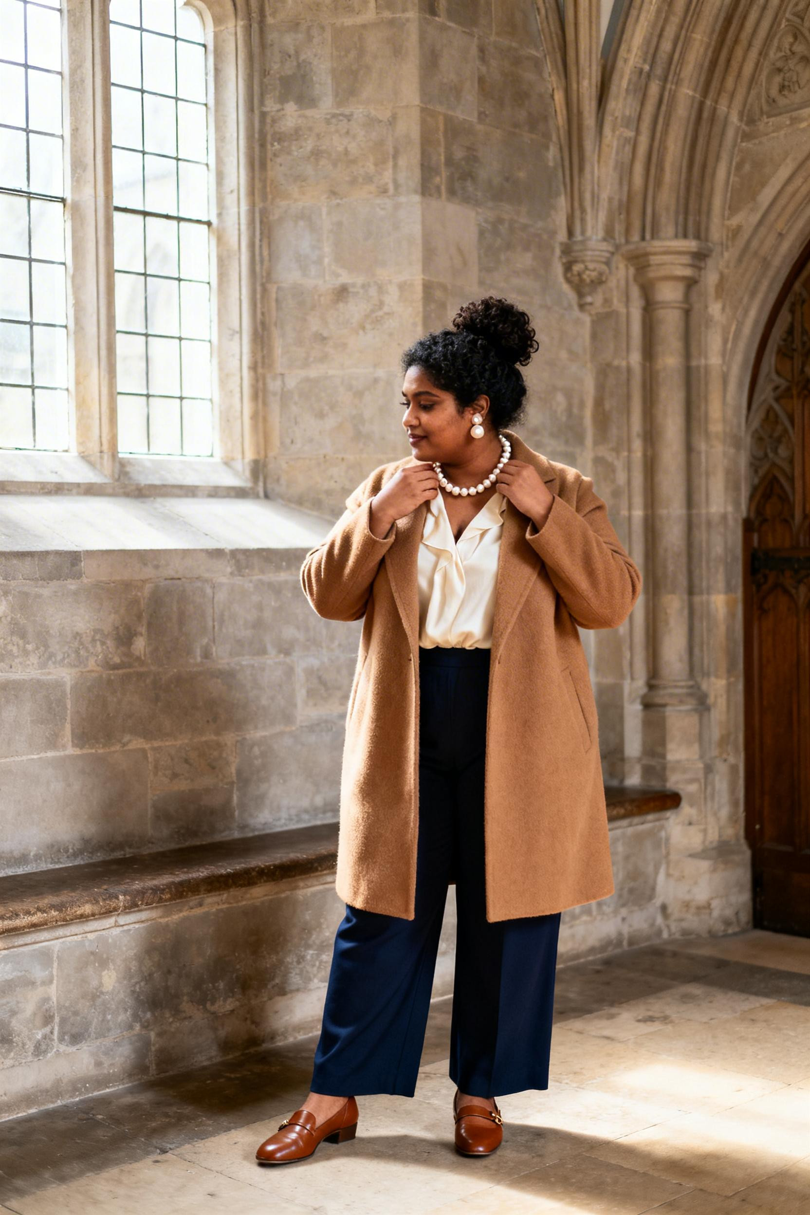 Church Outfit - camel coat cream blouse