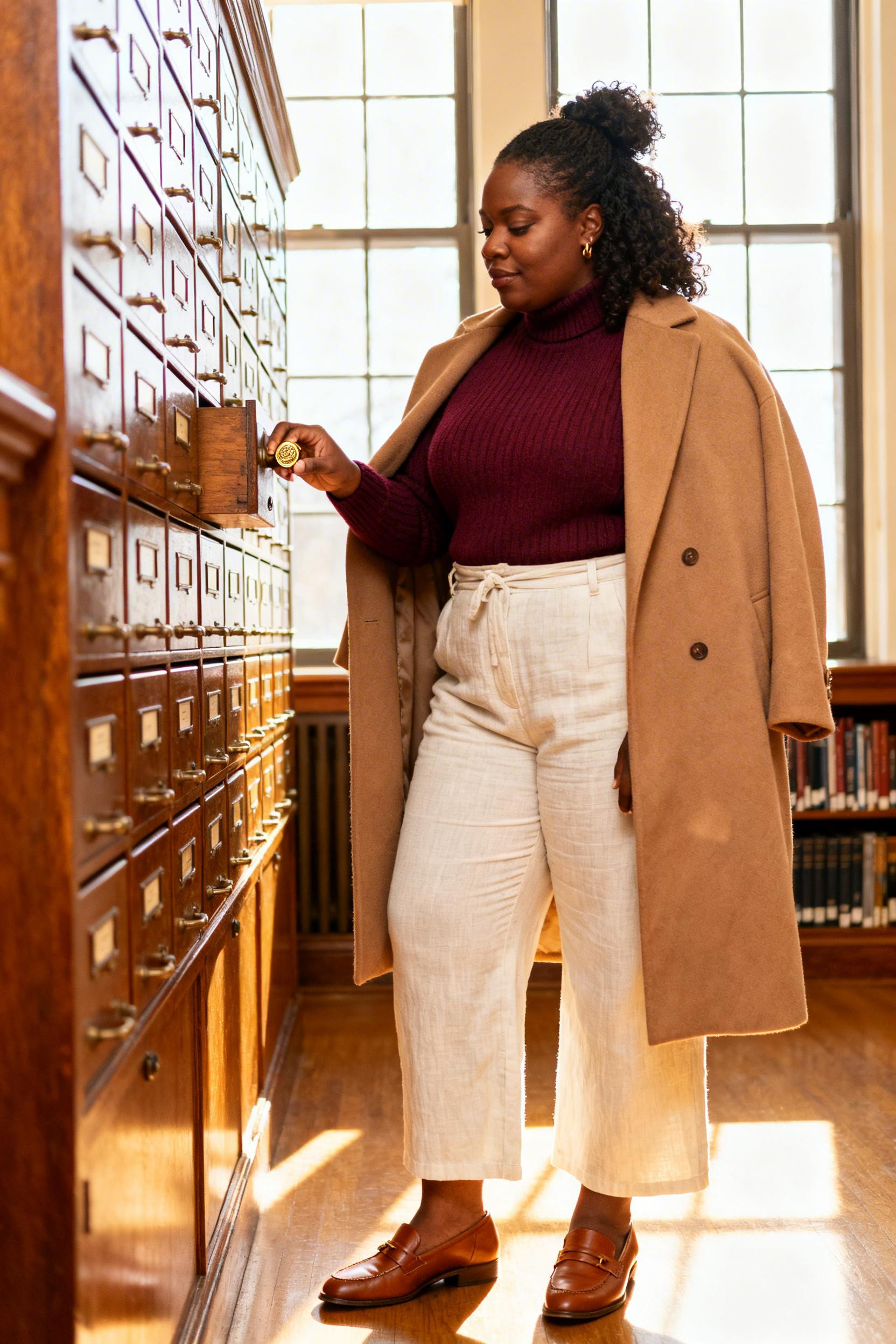 Modest Fashion Outfits - burgundy turtleneck cream pants