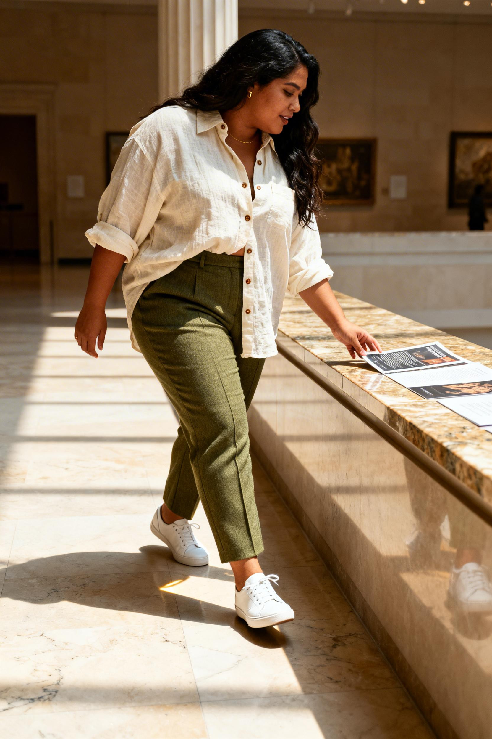 Chic Plus Size Outfits - cream linen sage trousers