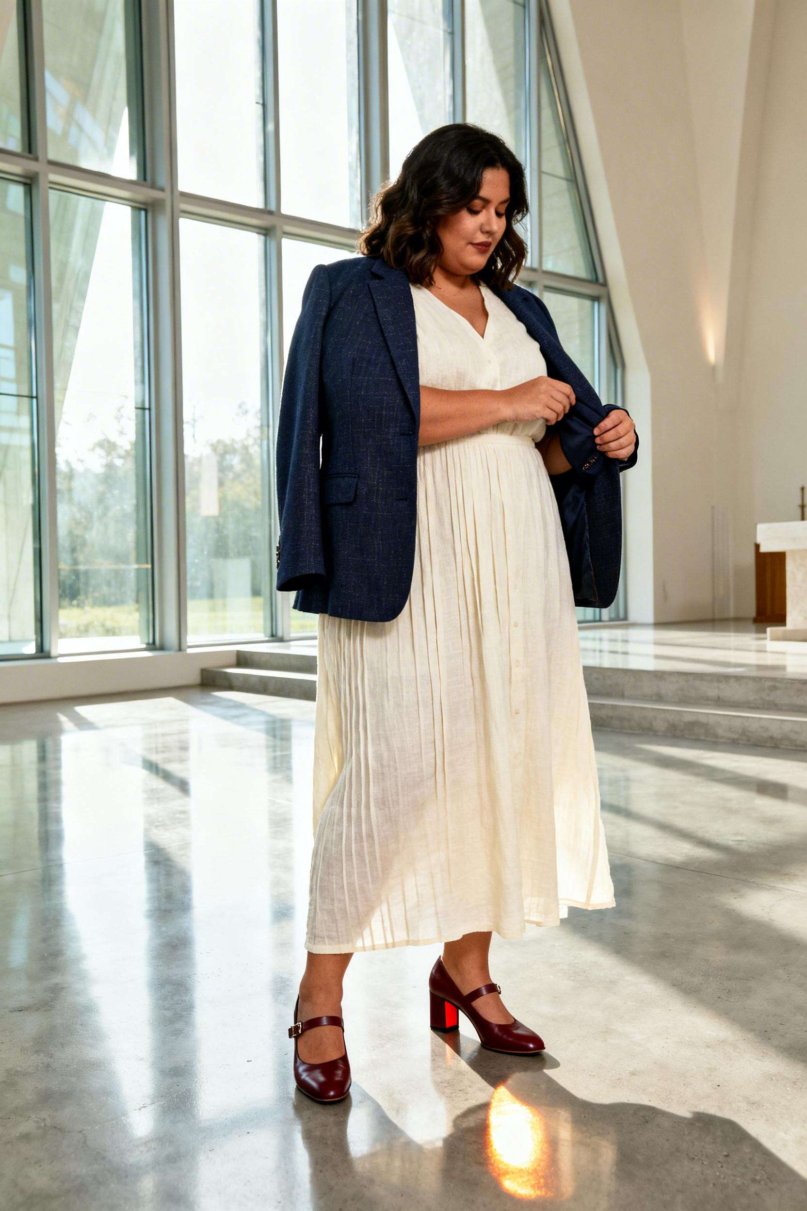 Church Outfit - cream maxi dress navy blazer
