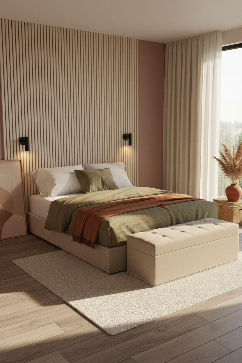 Tiny Bedroom Couples Japandi Slatted Wall