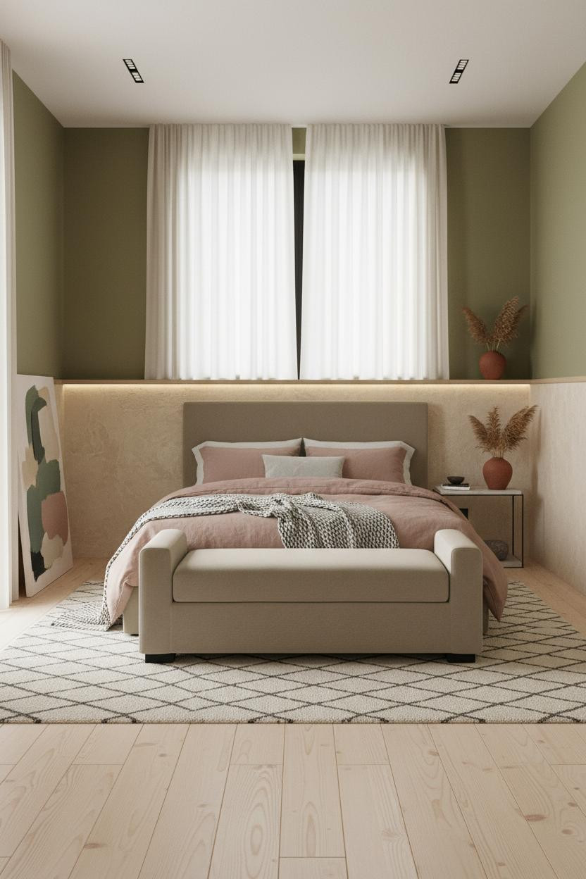 Tiny Bedroom Couples Japandi Plaster Wainscoting