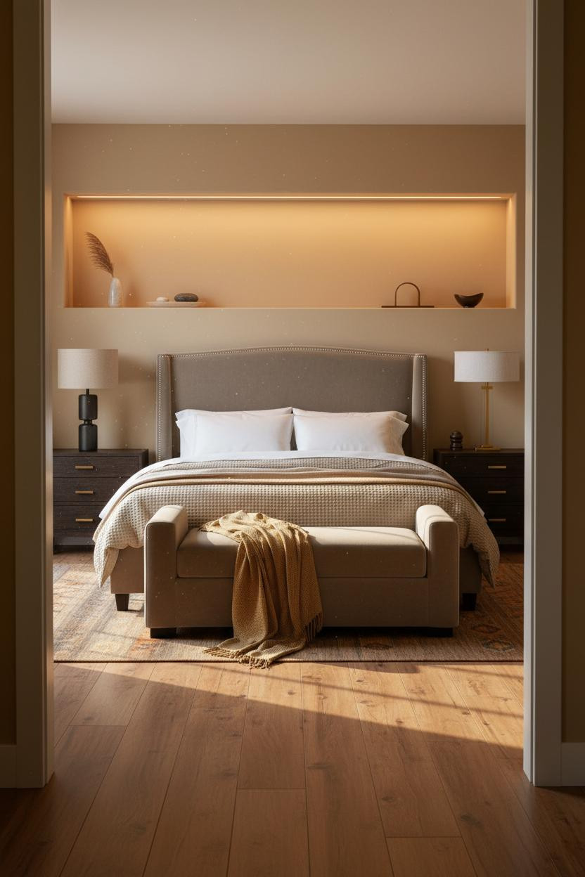 Tiny Bedroom Couples Farmhouse Soffit Lighting