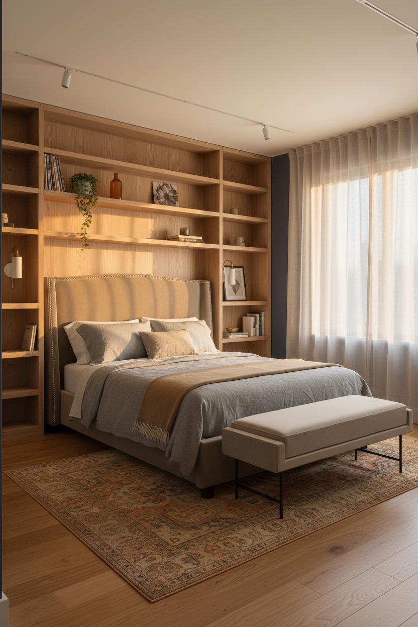 Tiny Bedroom Couples Scandi Shelving Layout