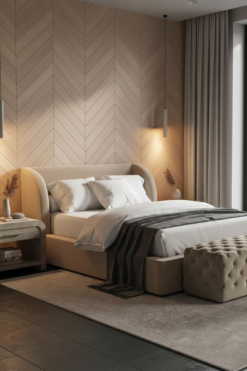 Tiny Bedroom Couples Japandi Herringbone