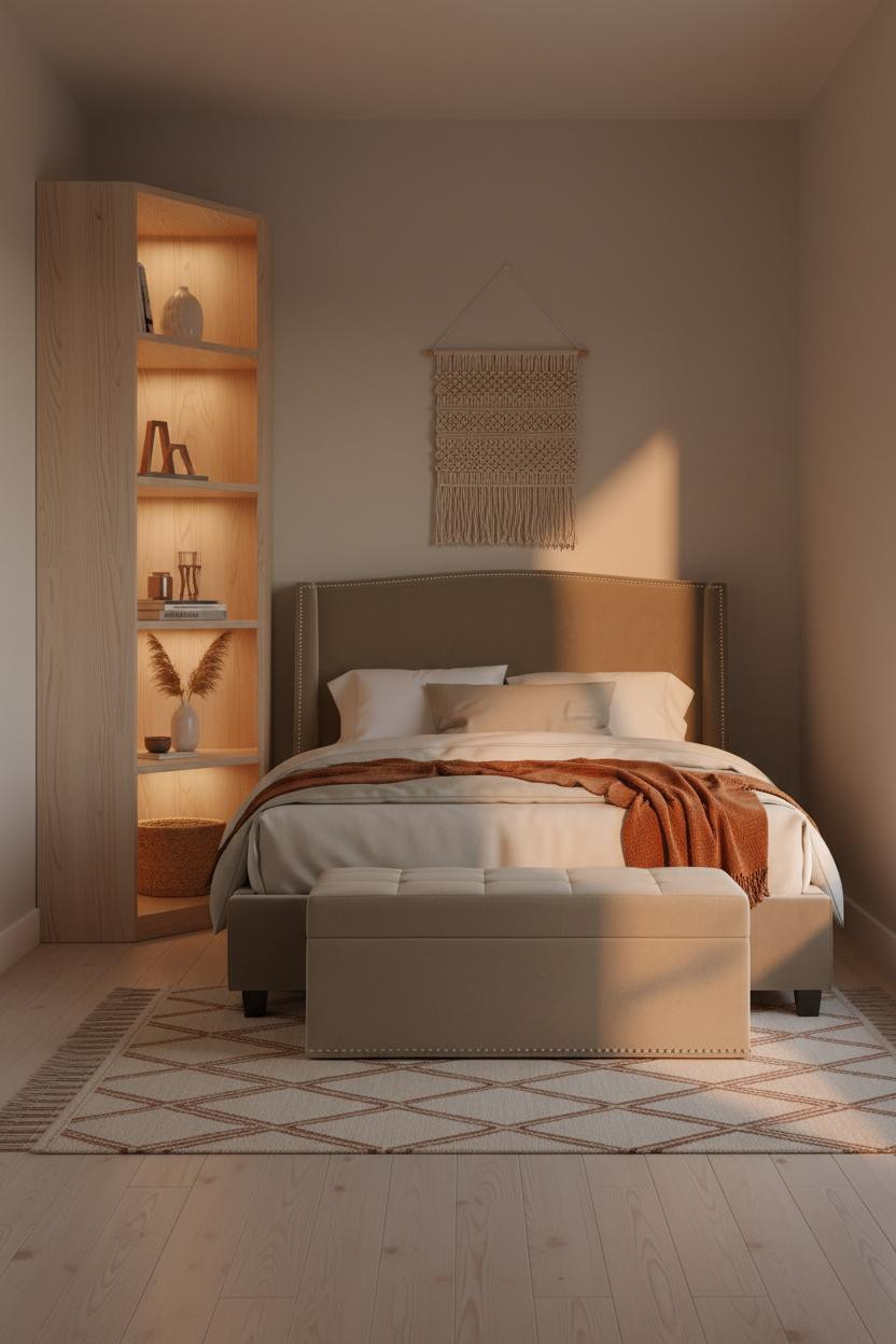 Tiny Bedroom Couples Scandi Shelving