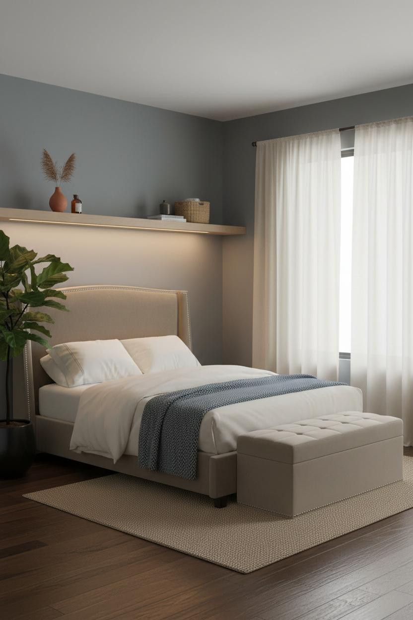 Tiny Bedroom Couples Floating Shelf Storage