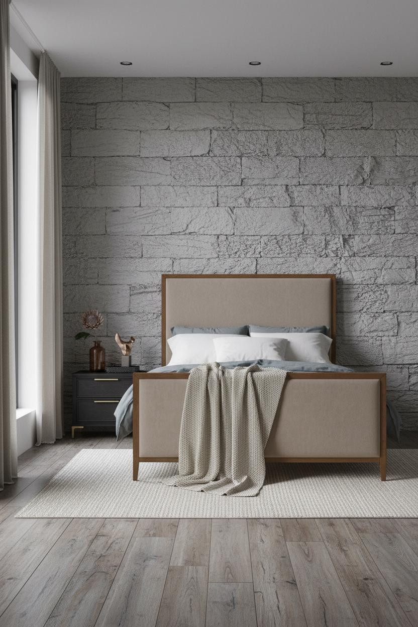 Neutral Black Bedroom Textured Plaster Walls
