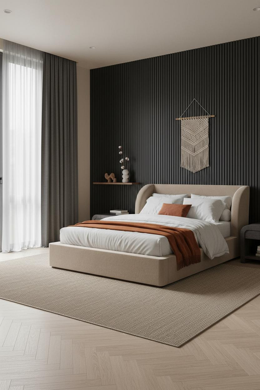 Neutral Black Bedroom Slatted Walls