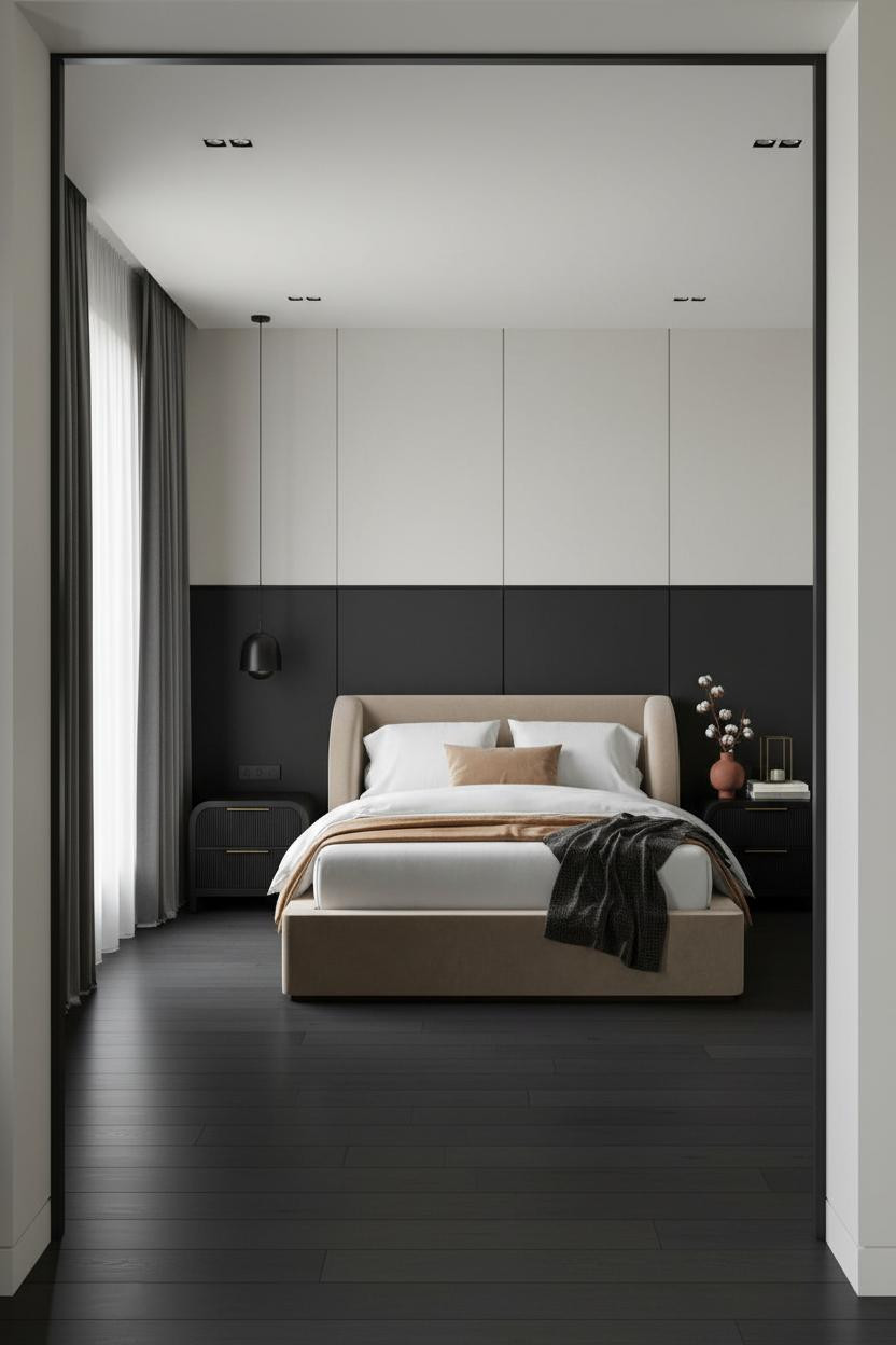 Neutral Black Bedroom Charcoal Wainscoting