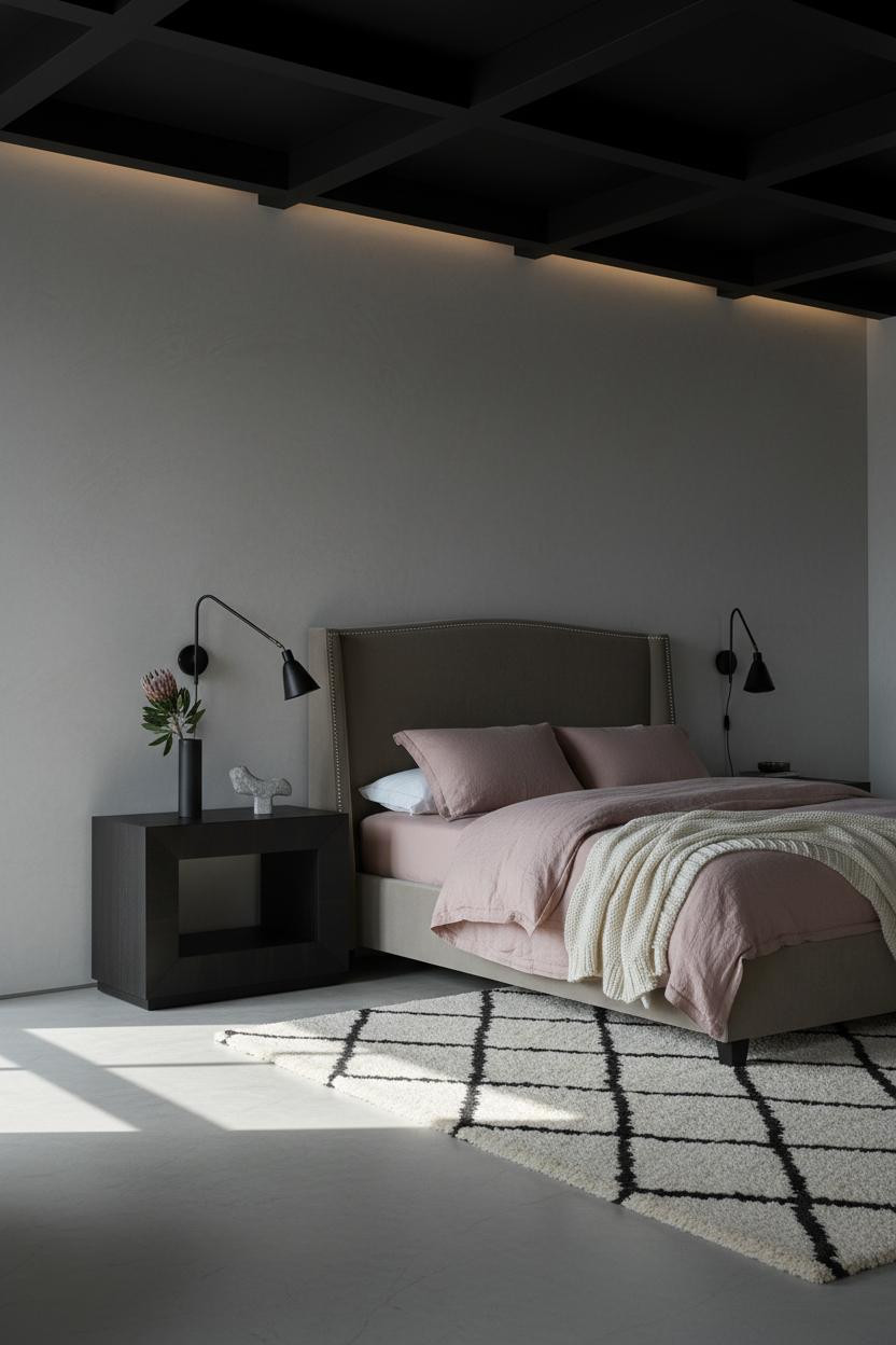 Neutral Black Bedroom Coffered Ceiling